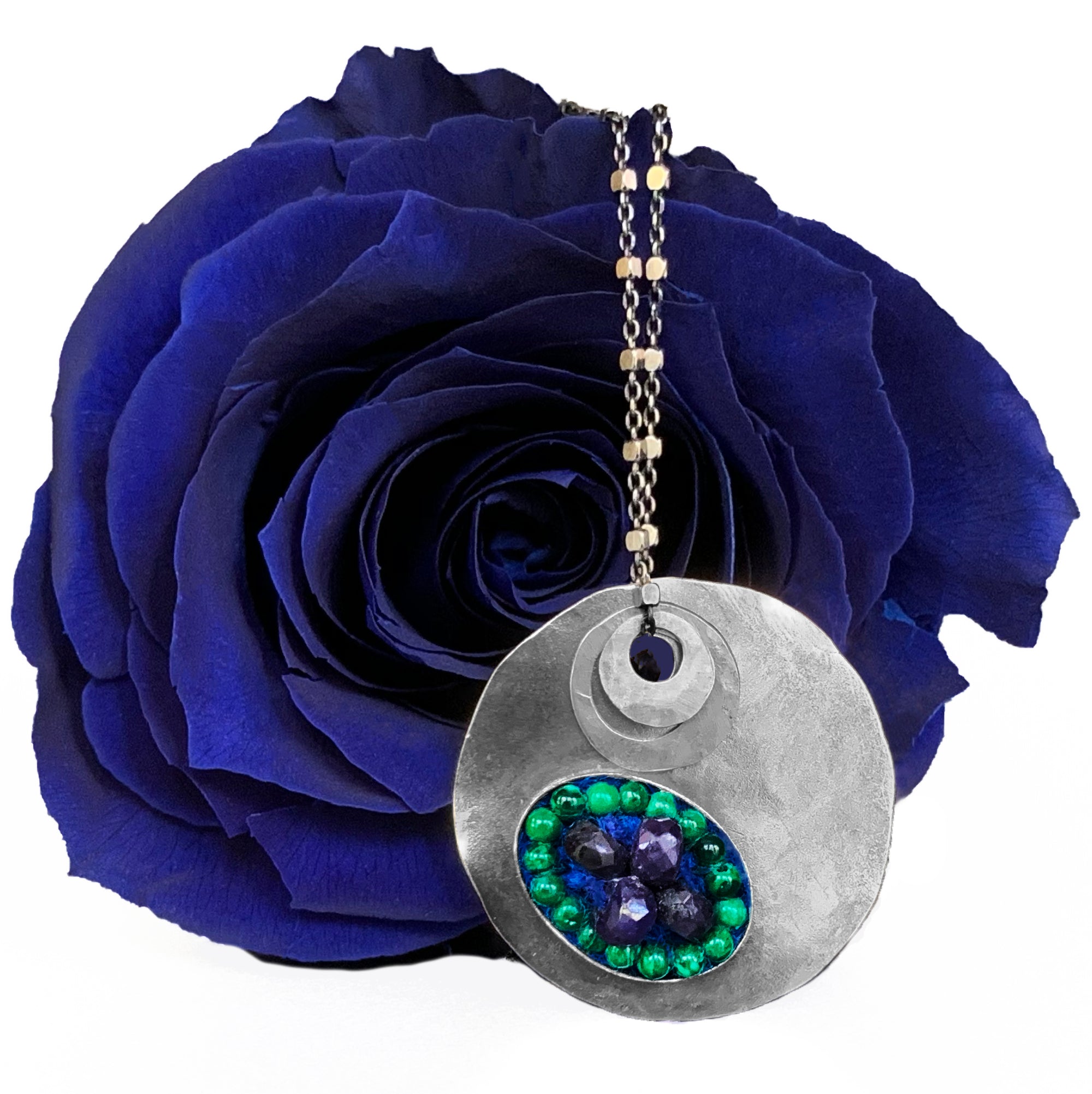 Hand Hammered Silver, sapphire, and malachite necklace