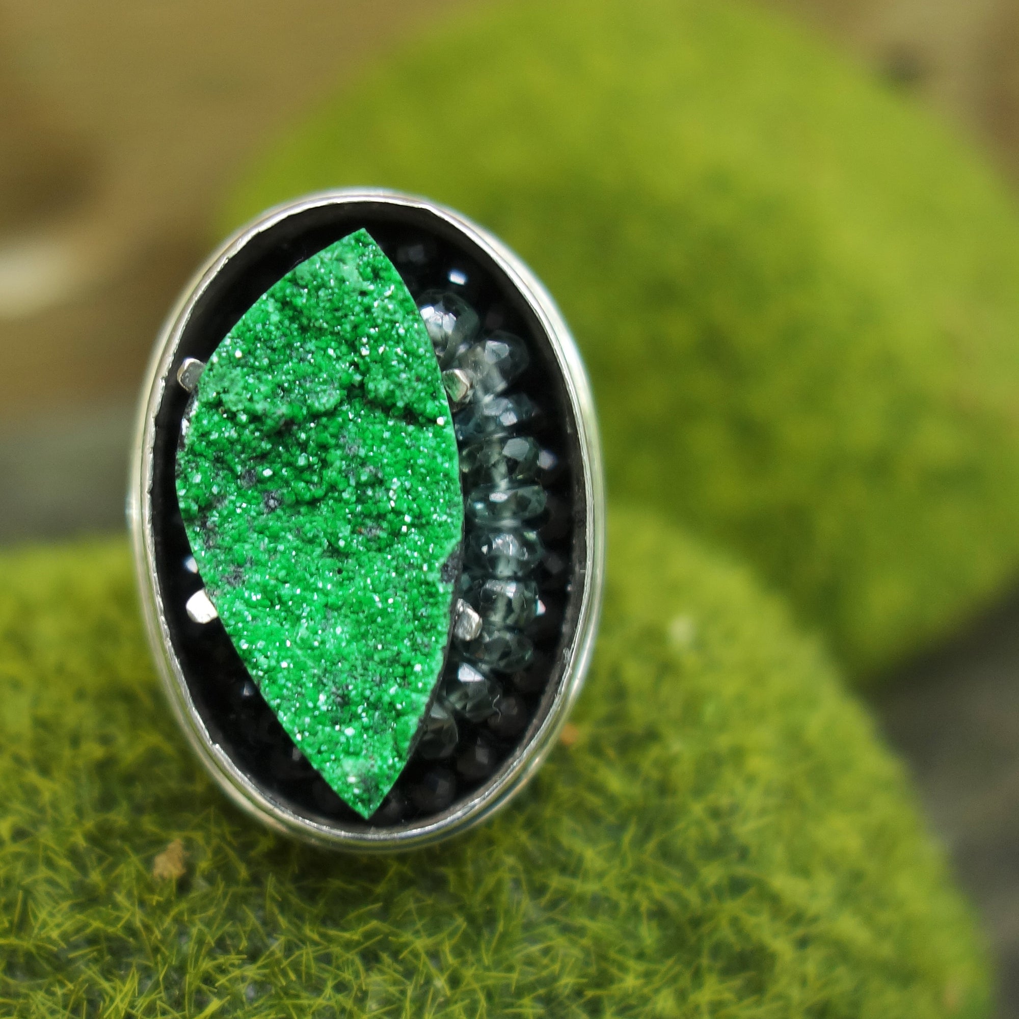 Have No Fear: uvarovite and sapphire mosaic ring