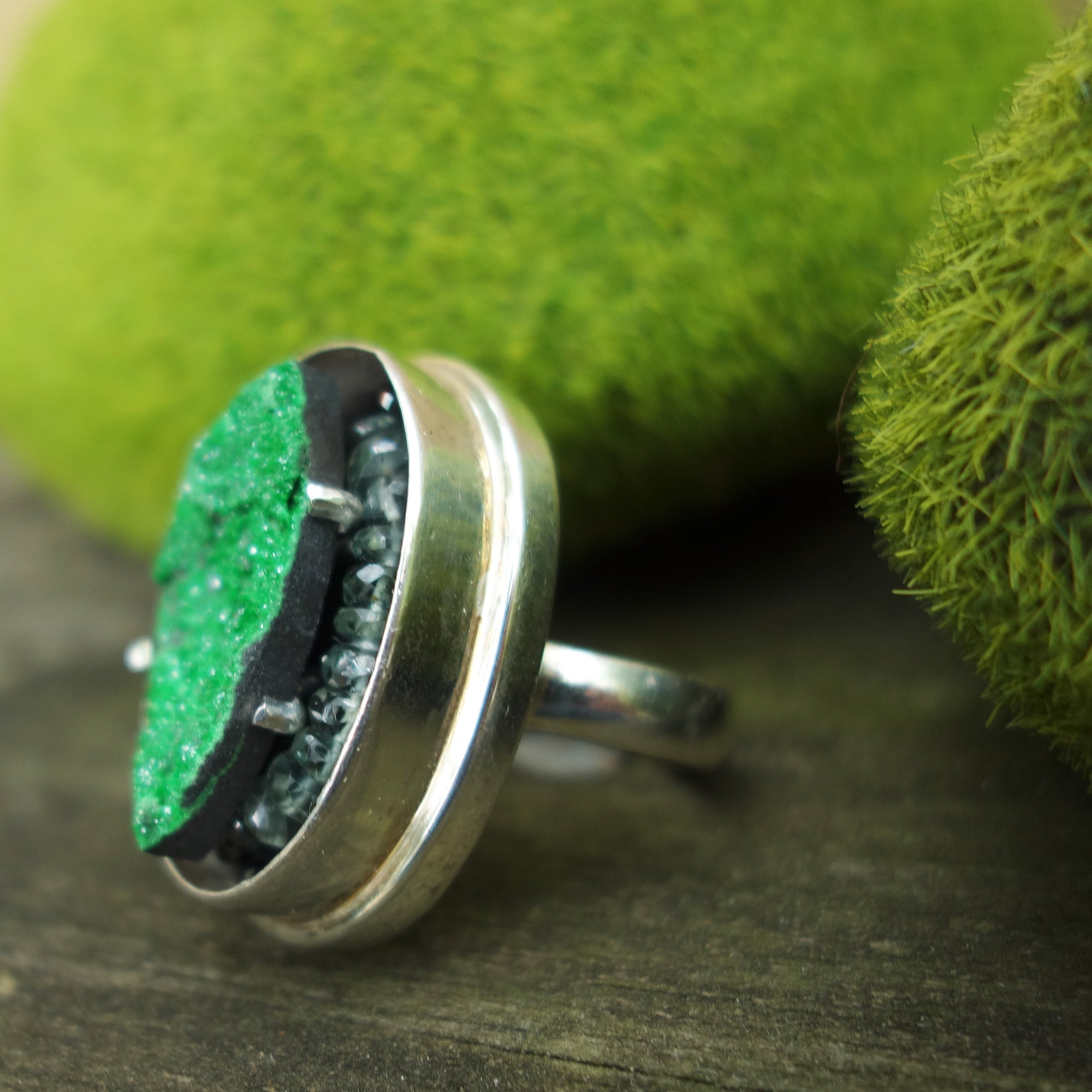 Have No Fear: uvarovite and sapphire mosaic ring