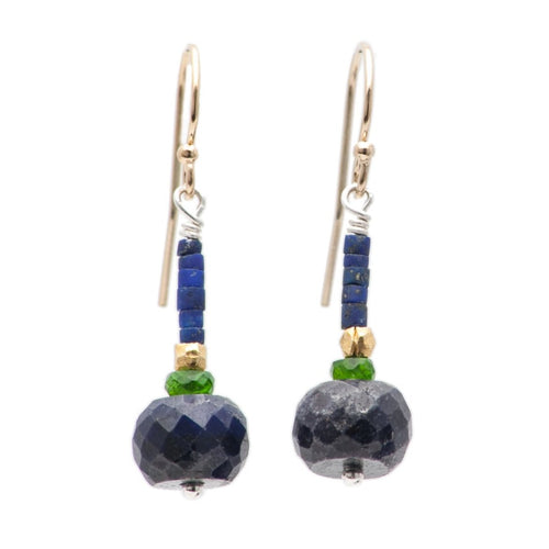 Iconic Earrings of Faceted Blue Sapphire, Chrome Diposite, Matte Lapis, and Gold