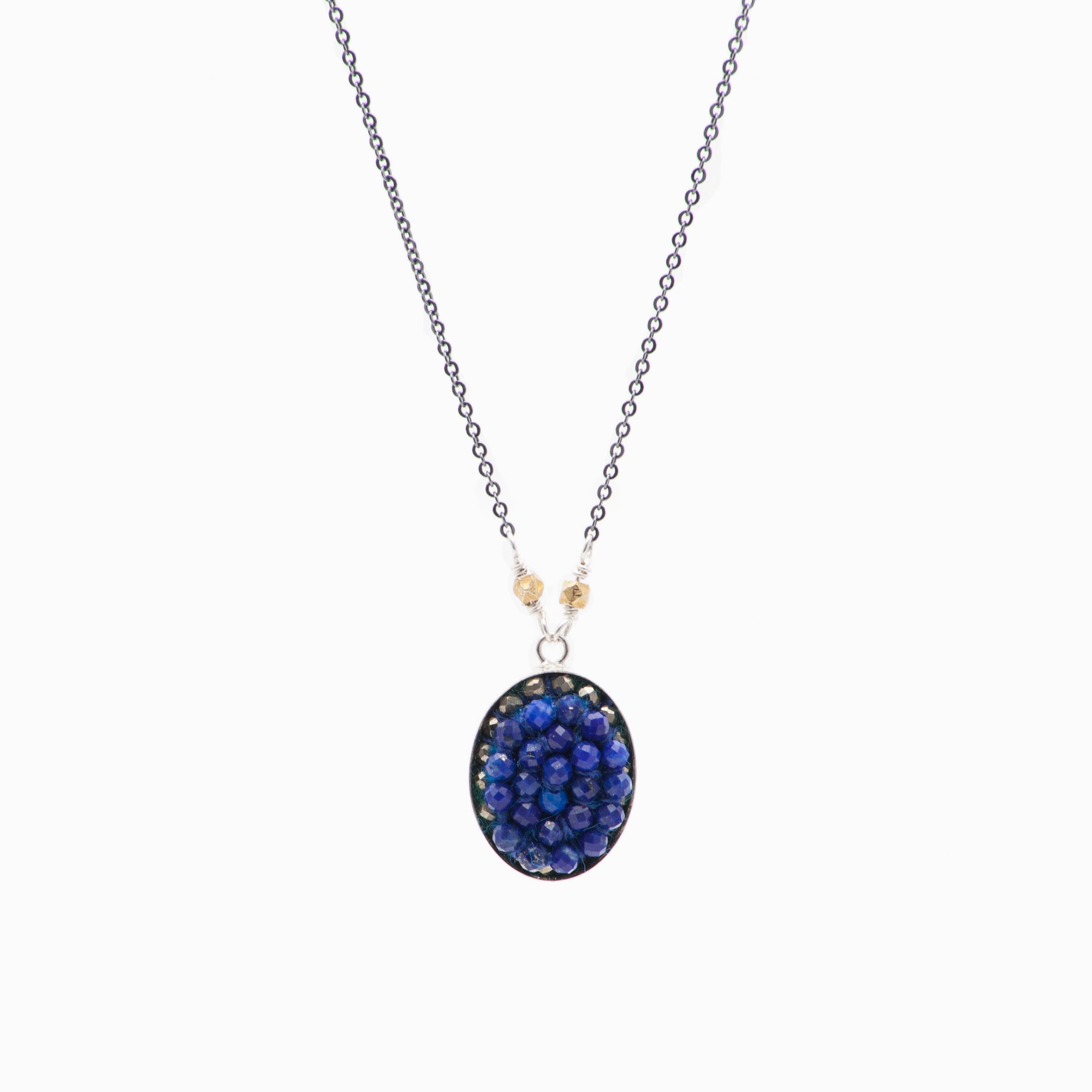 lapi_s_lazuli_14様 Faceted Lapis Lazuli and Pyrite Oval Mosaic on Sterling