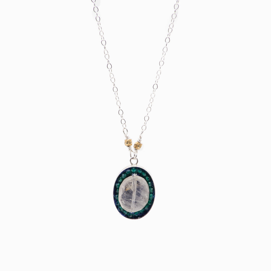 Iconic Faceted Rhudalated Quartz and Green Onyx Oval Mosaic on Sterling Silver Chain Necklace with Gold Detail