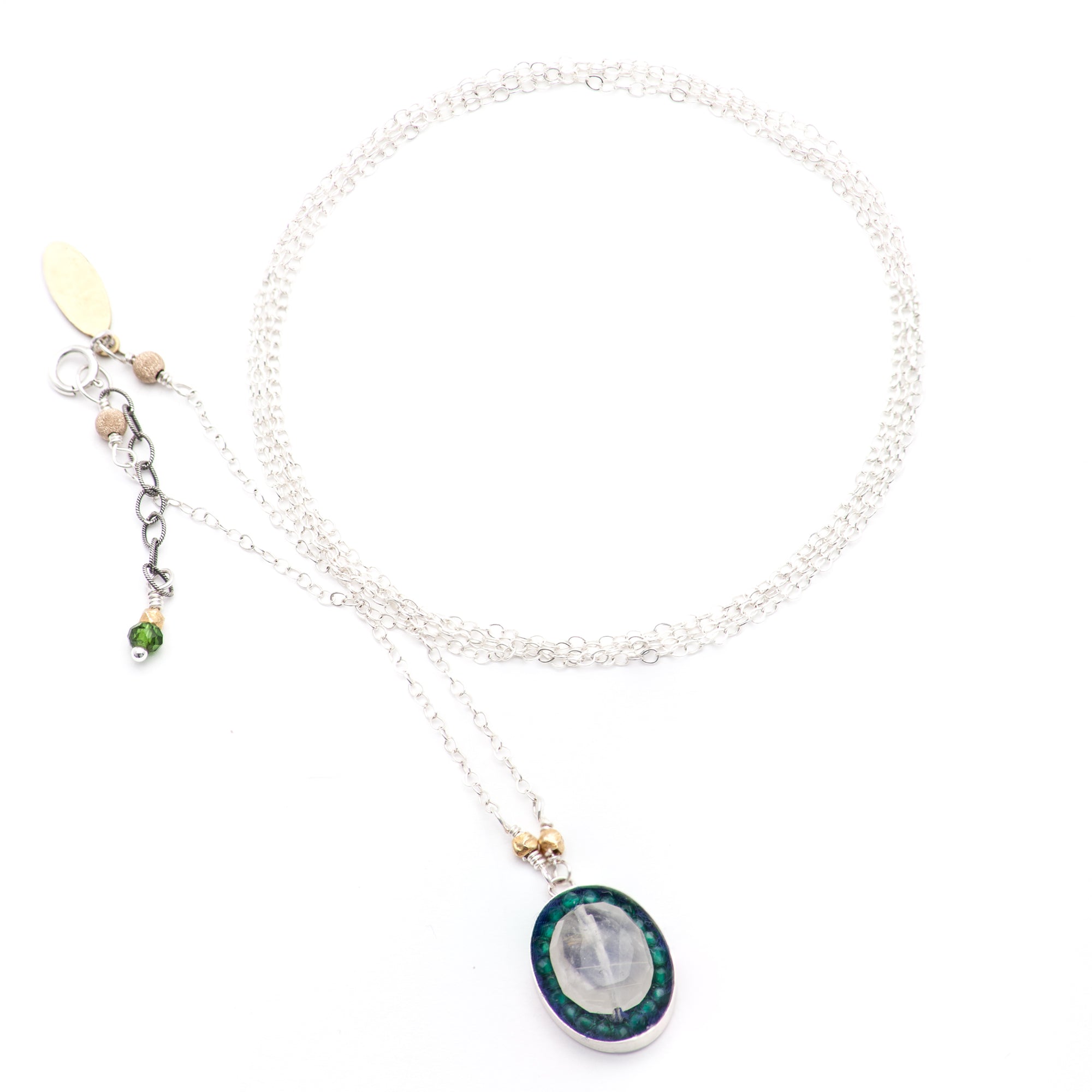Iconic Faceted Rhudalated Quartz and Green Onyx Oval Mosaic on Sterling Silver Chain Necklace with Gold Detail