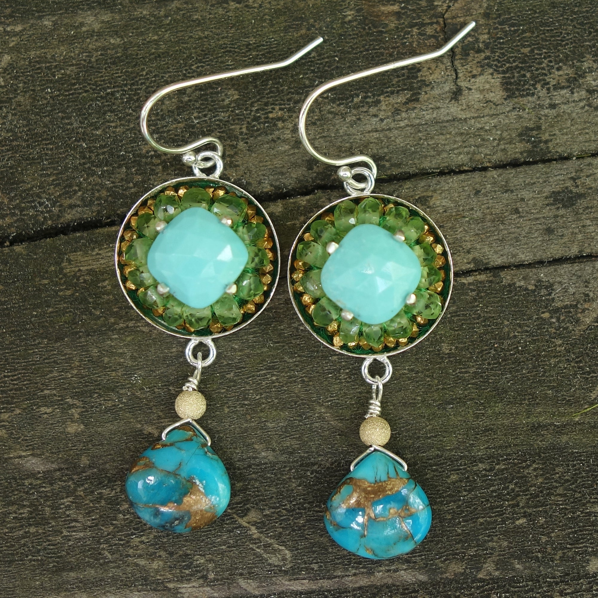 Sunrise on the Beach: turquoise and peridot mosaic earrings