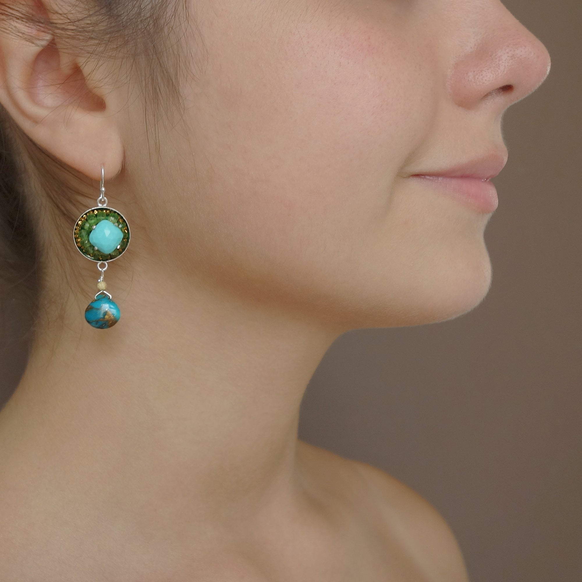 Sunrise on the Beach: turquoise and peridot mosaic earrings