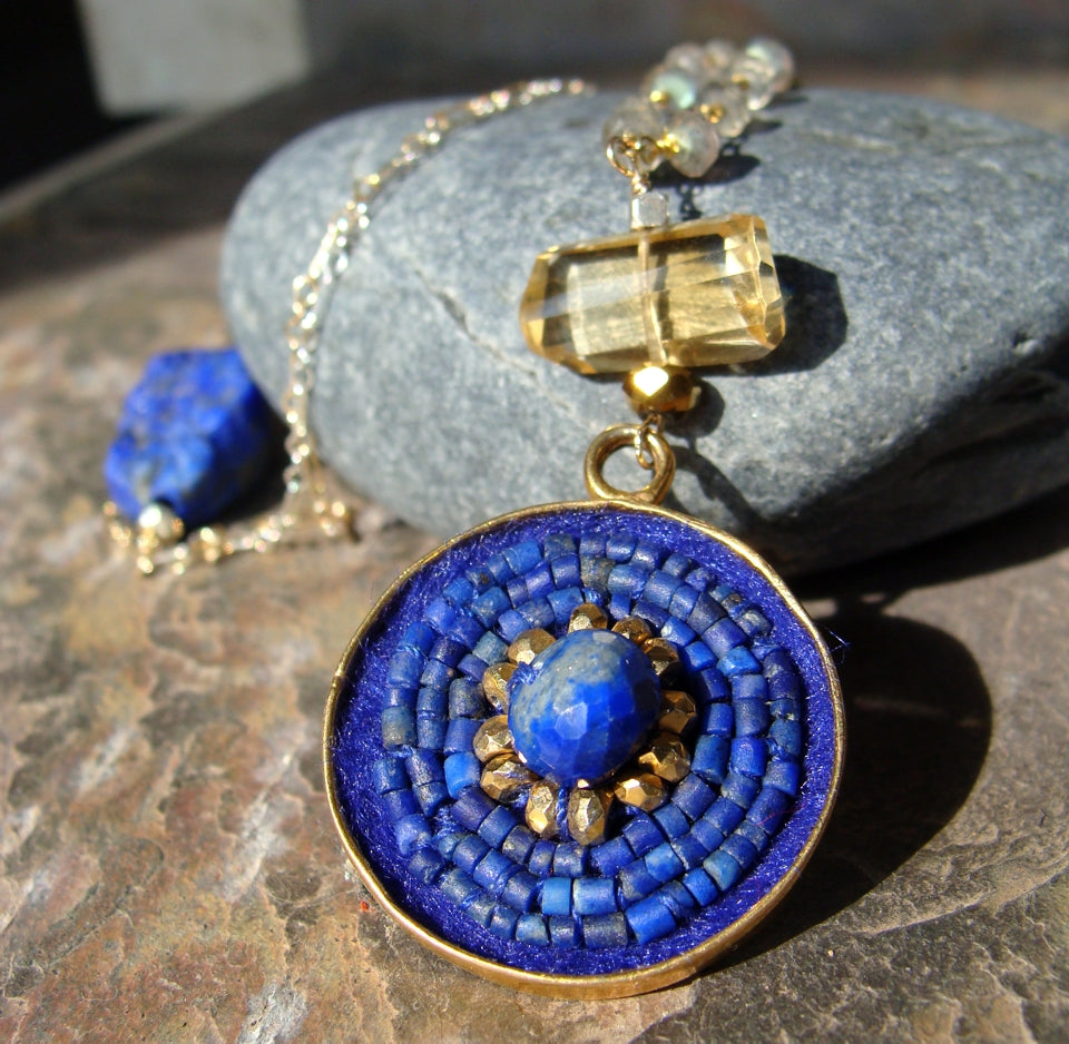 Lapis Lazuli, citrine, and gold mosaic necklace