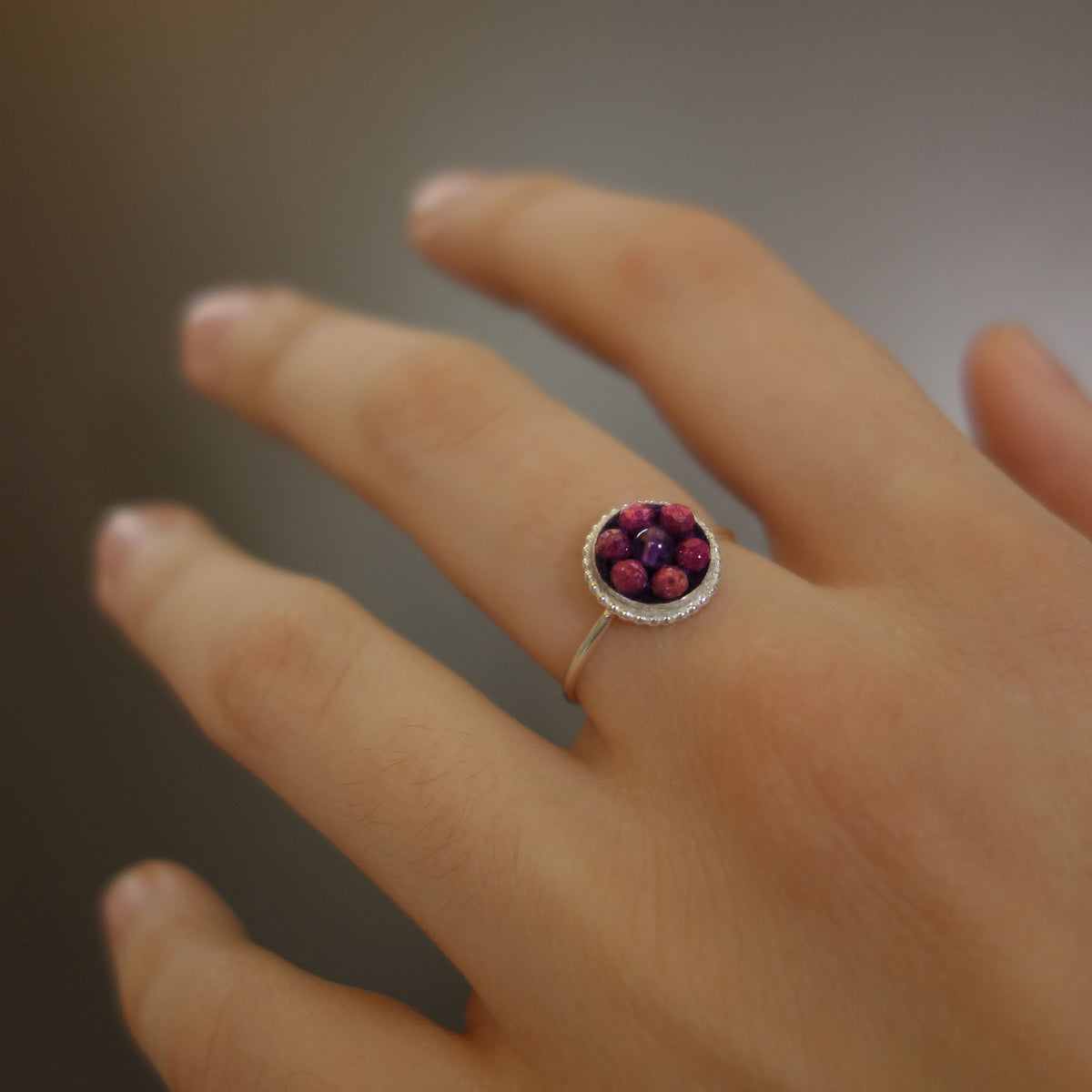 Raspberry Beret ruby and amethyst ring