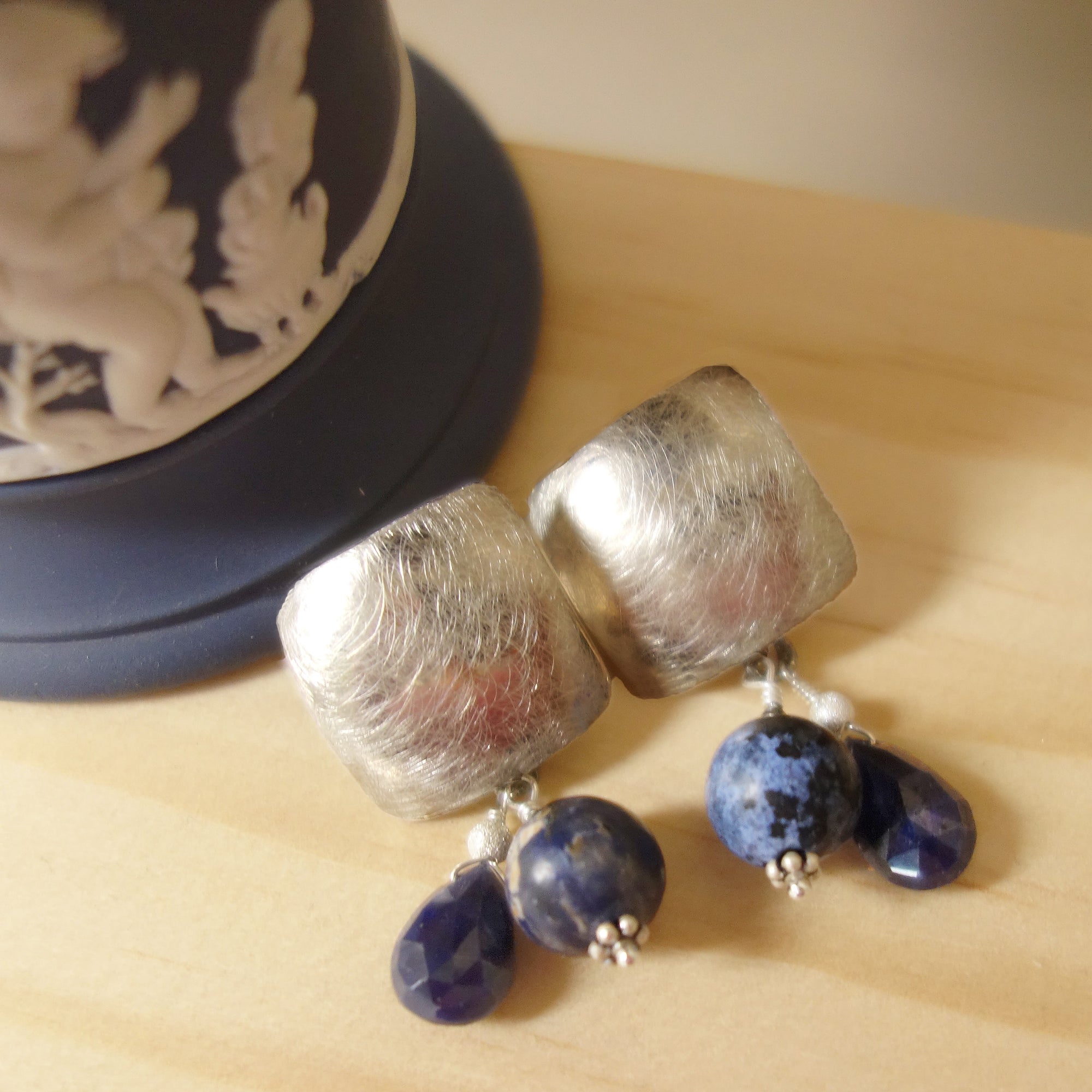 Silver, Sapphire, and African Pietersite earrings