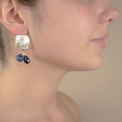 Silver, Sapphire, and African Pietersite earrings