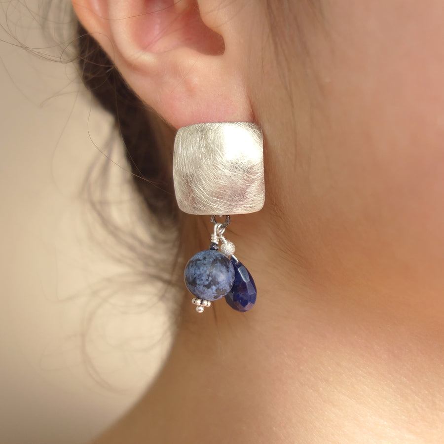 Silver, Sapphire, and African Pietersite earrings