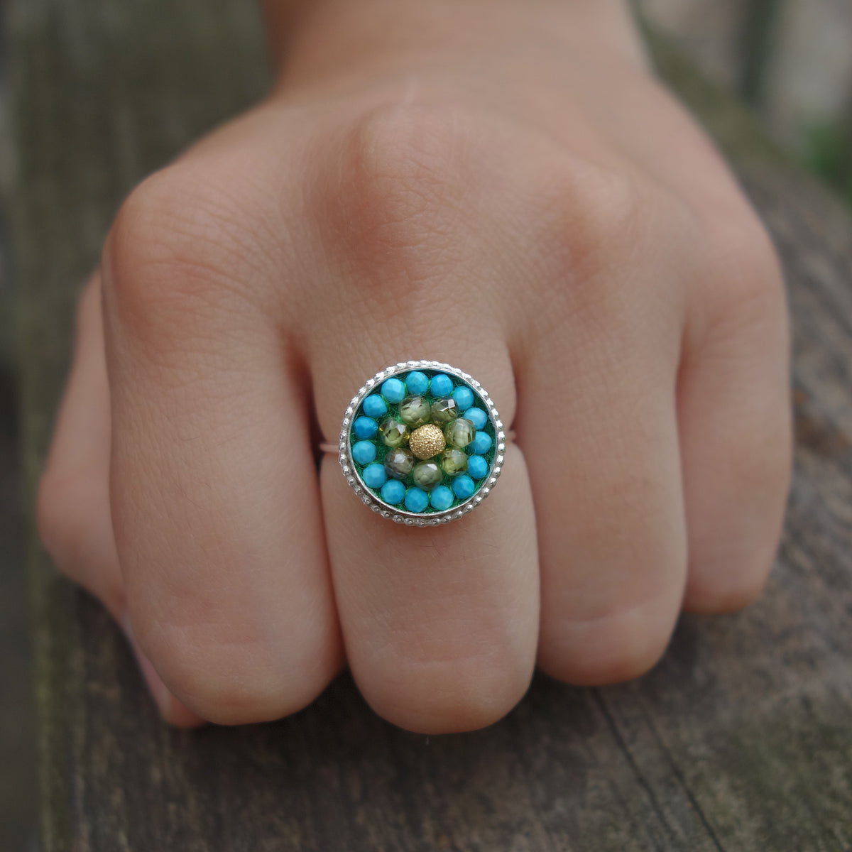 Deb’s Serene Dream: gold, peridot, and turquoise mosaic ring