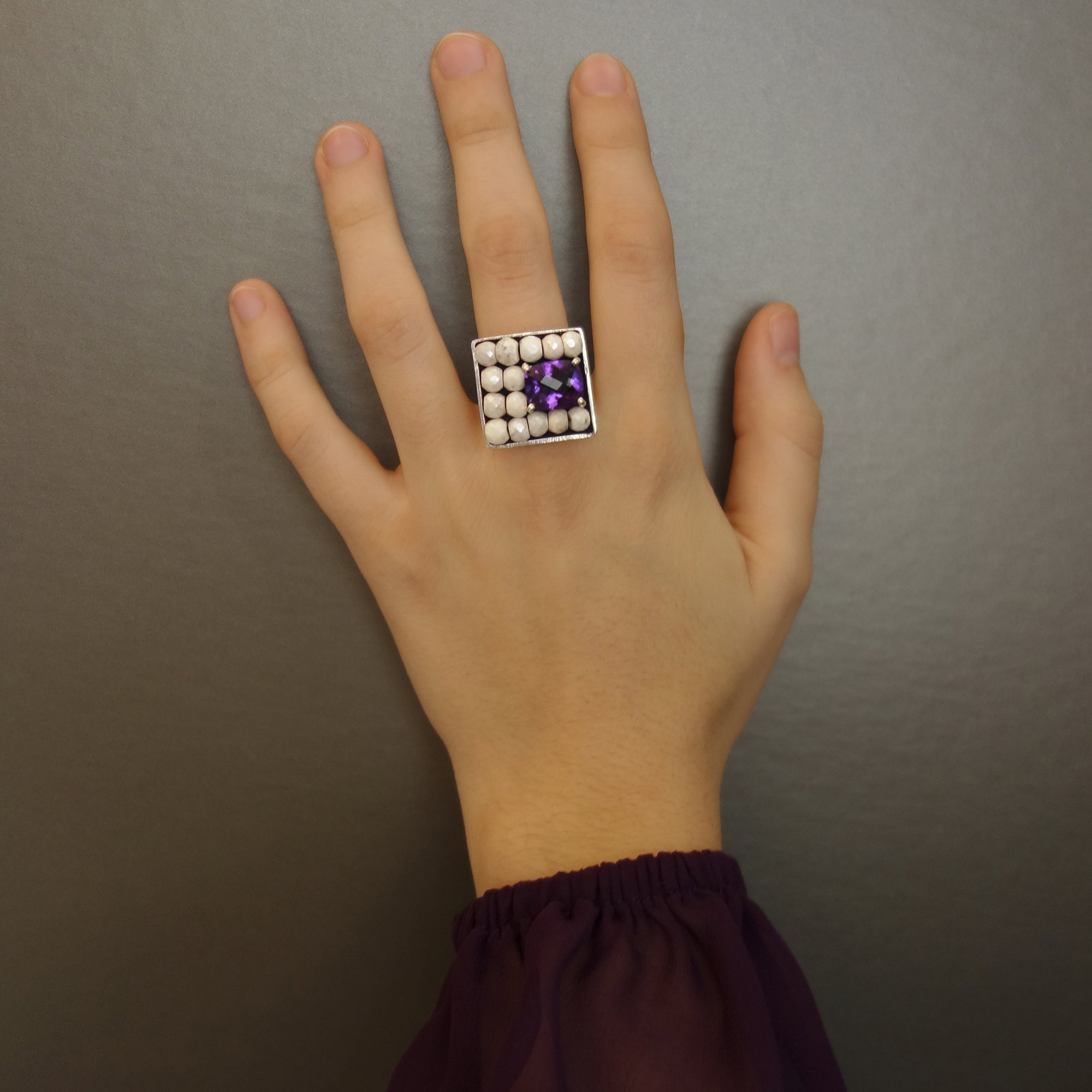Glorious amethyst and faceted magnesite ring