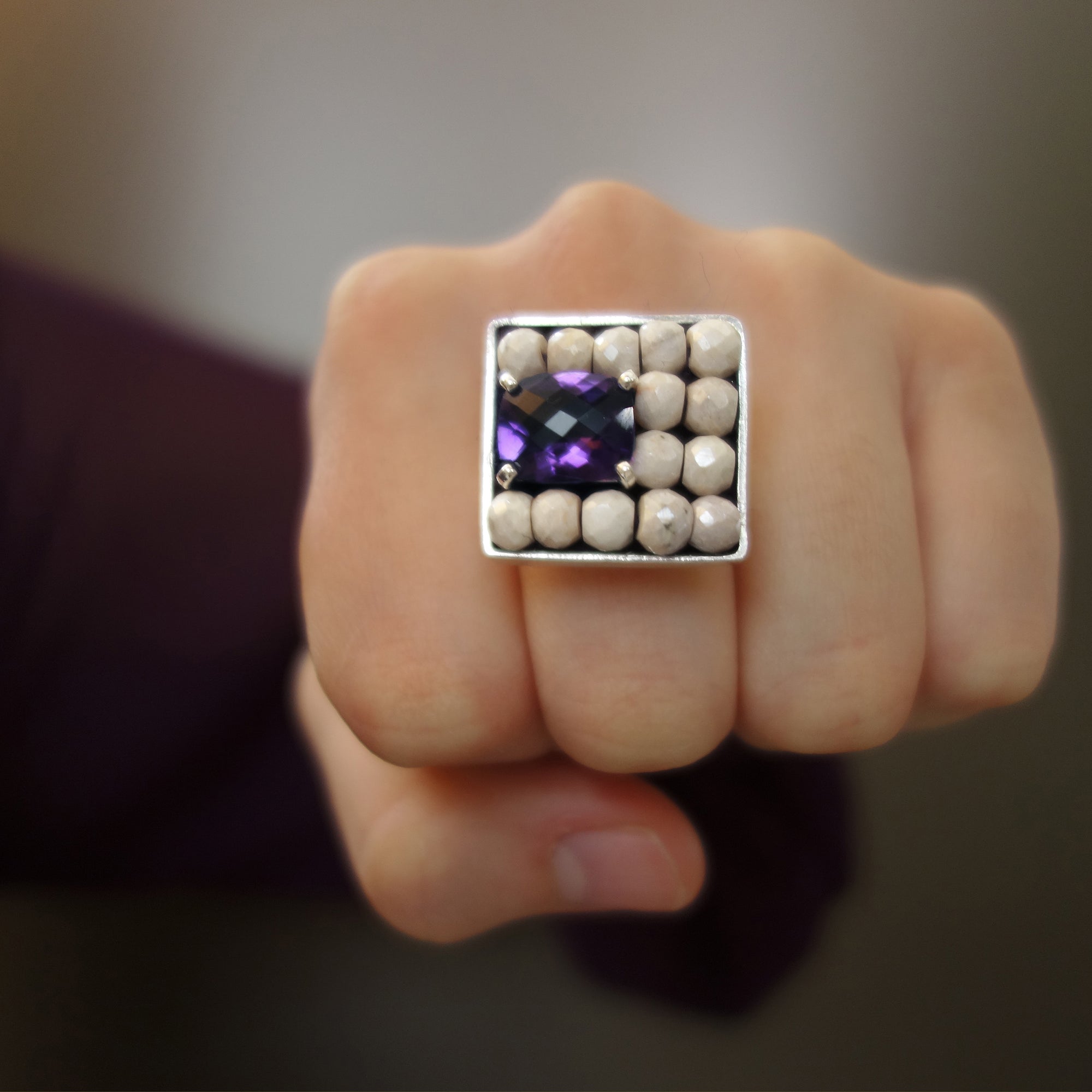 Glorious amethyst and faceted magnesite ring