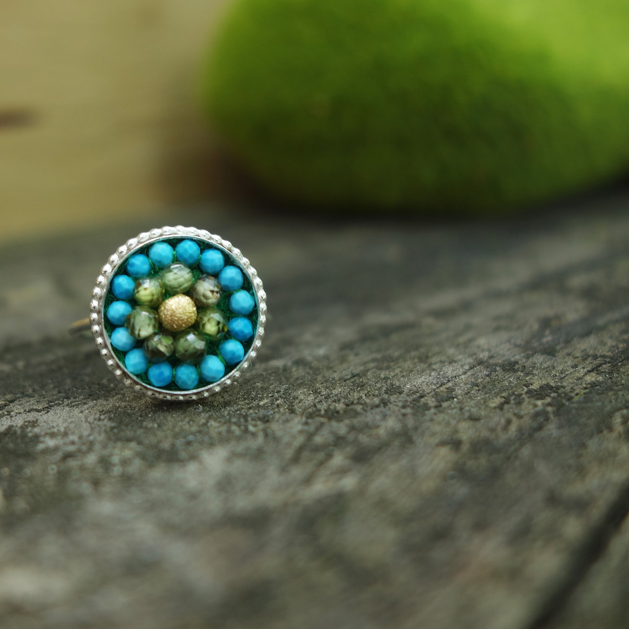 Deb’s Serene Dream: gold, peridot, and turquoise mosaic ring