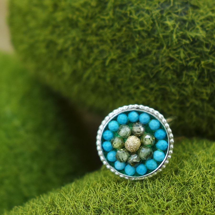 Deb’s Serene Dream: gold, peridot, and turquoise mosaic ring