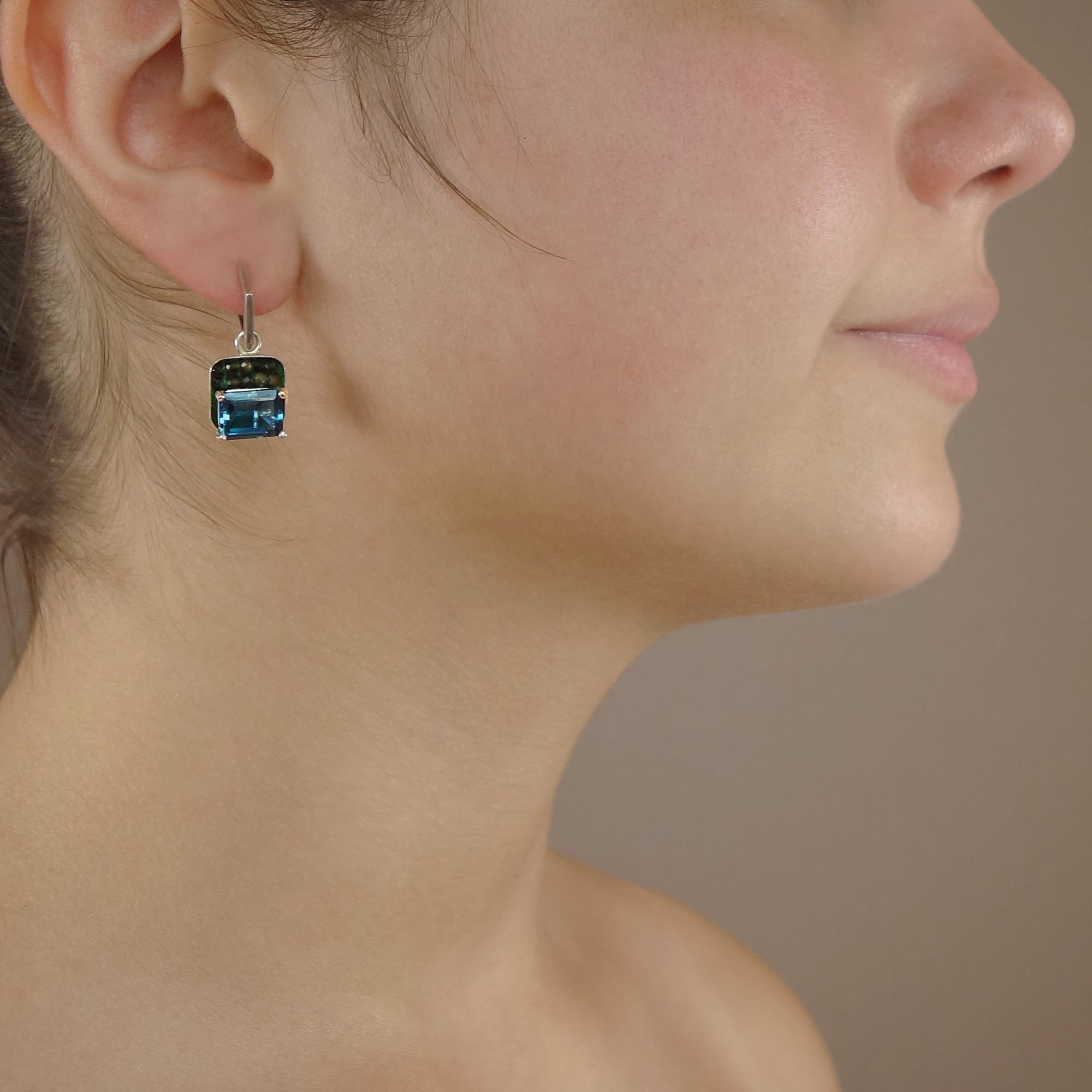 Peace and Harmony: peridot and Swiss blue topaz ear