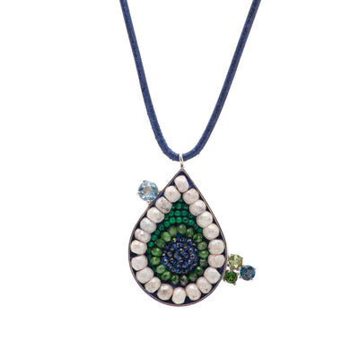 Arzouman Luxe Teardrop Necklace of Blue Sapphire, Chrome Diopsite, Malachite, and White Sapphire