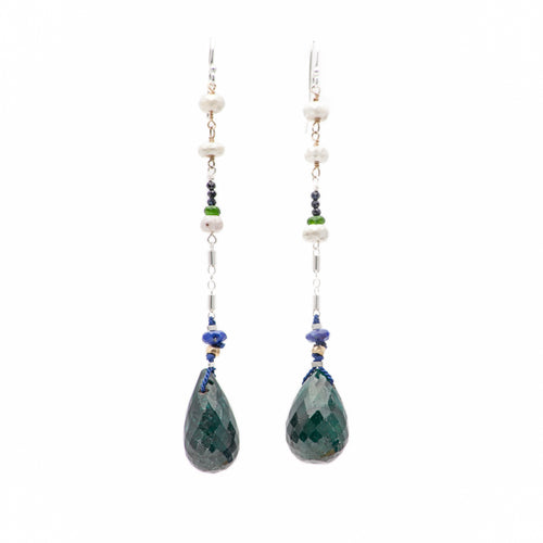 Arzouman Luxe Drop Earrings of Emerald, White Sapphire, Lapis, and Chrome Diopsite