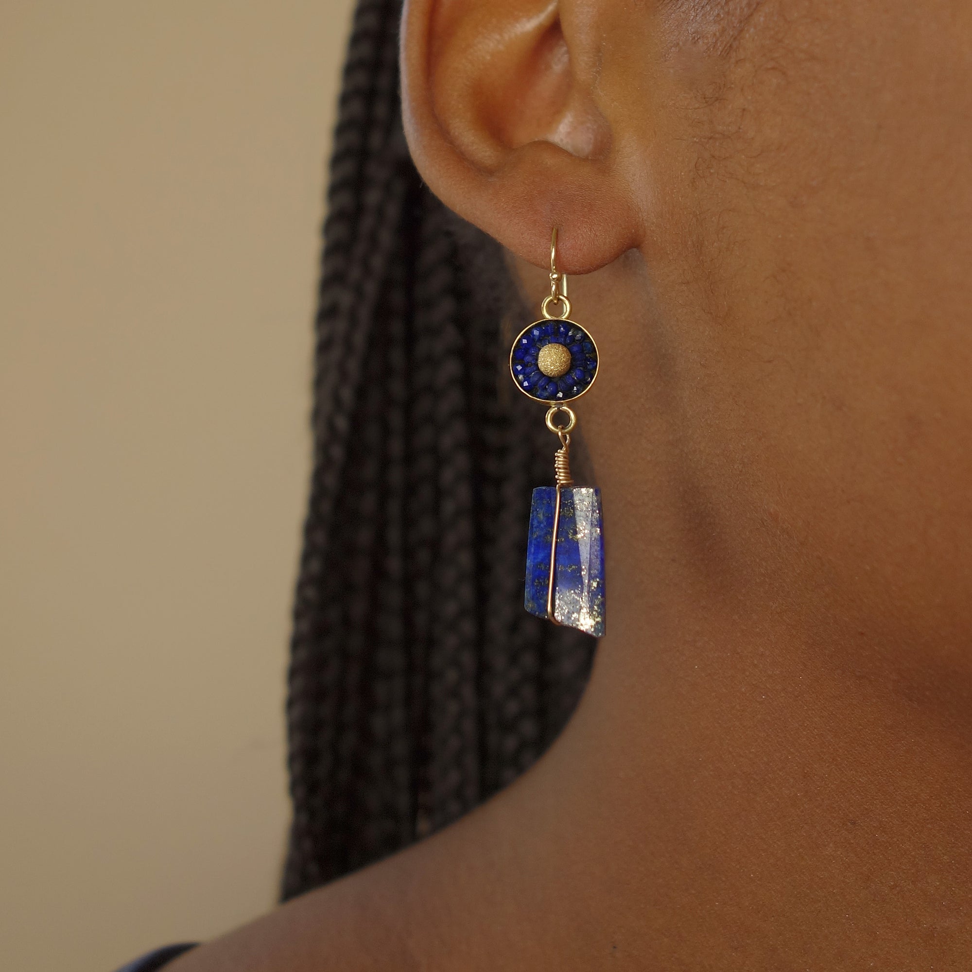 Ancient Whispers lapis, gold, and sapphire mosaic earring