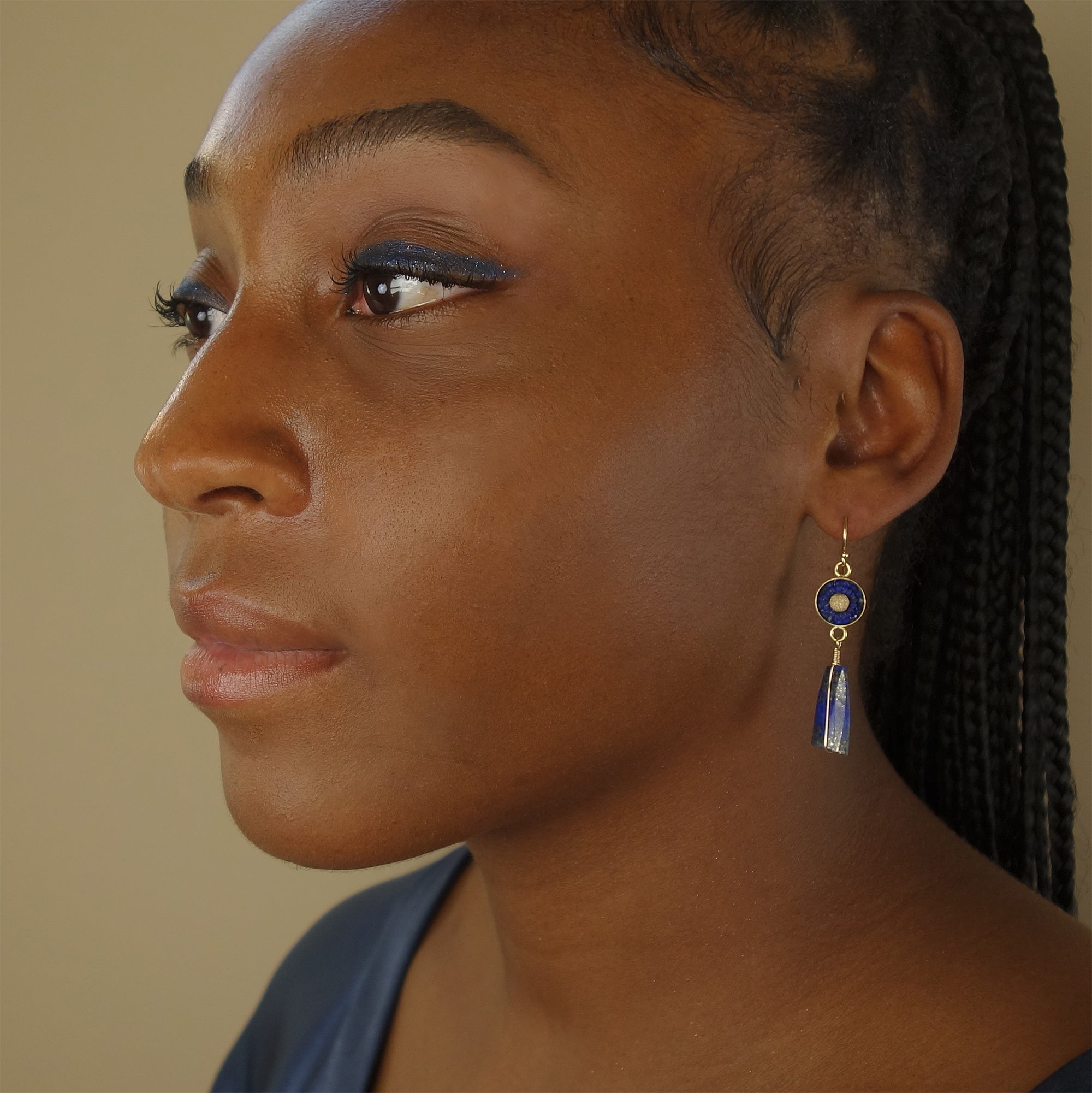 Ancient Whispers lapis, gold, and sapphire mosaic earring