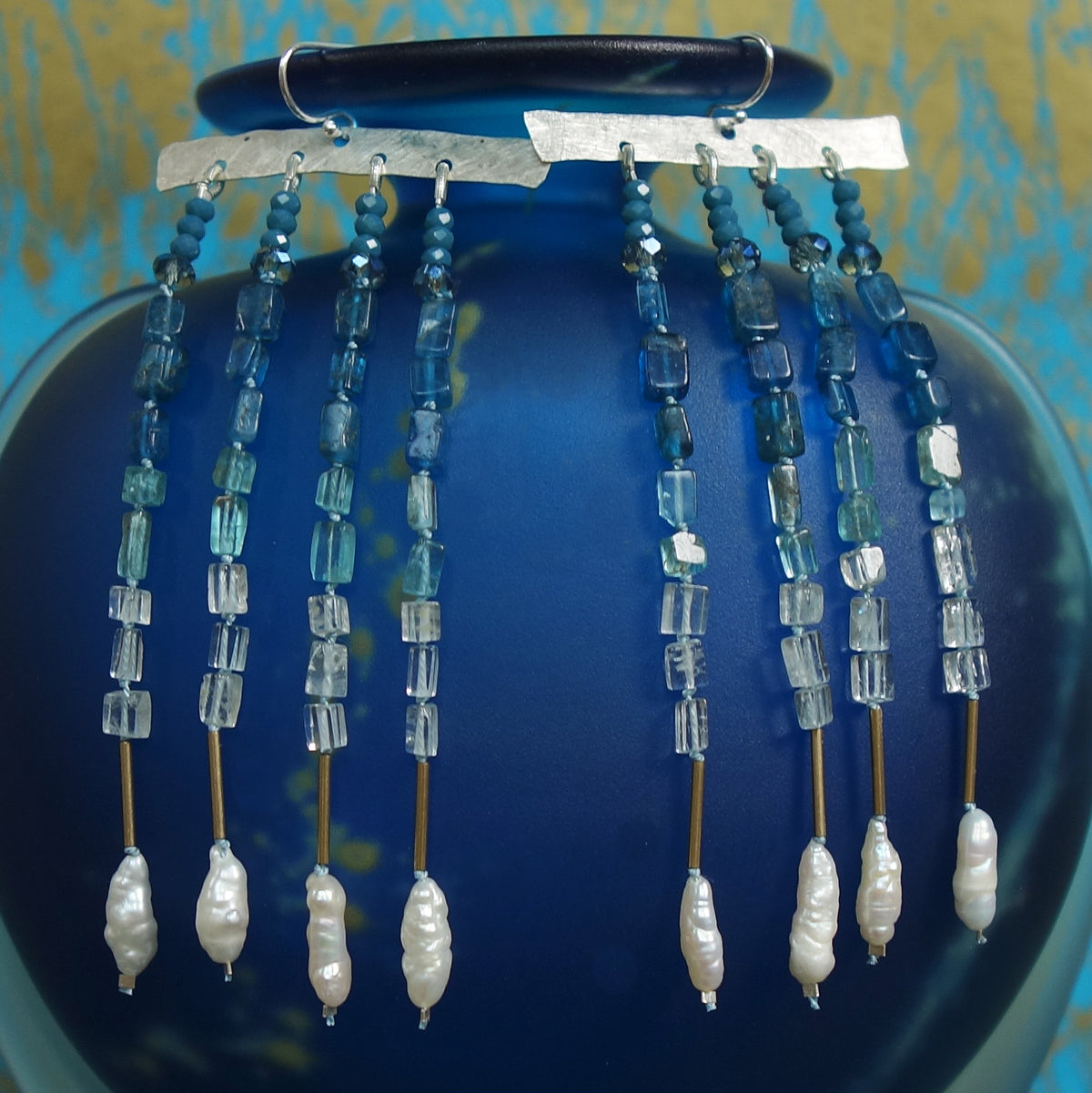 Aphrodite's Sea (pearl, gold, aquamarine, apatite) earrings
