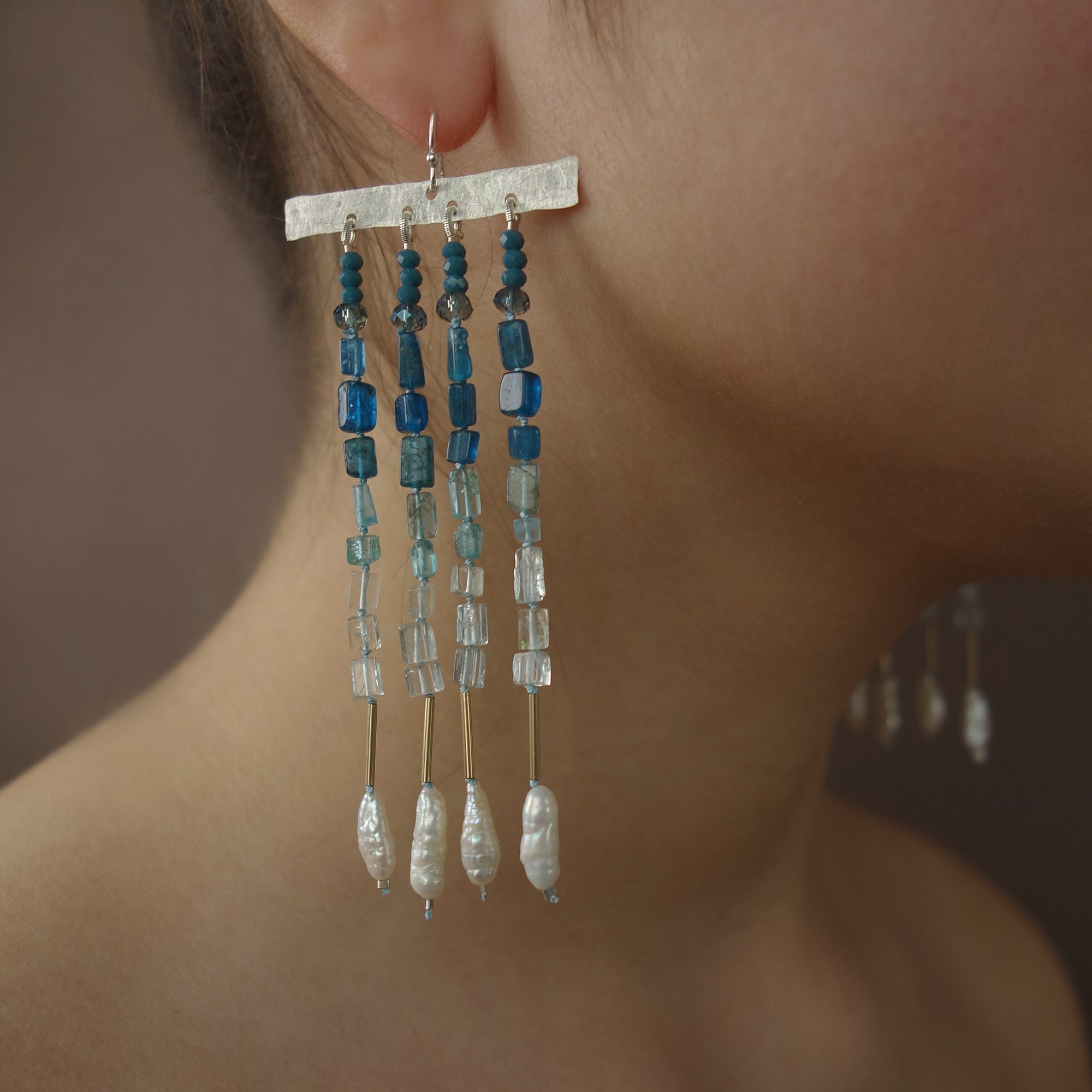 Aphrodite's Sea (pearl, gold, aquamarine, apatite) earrings