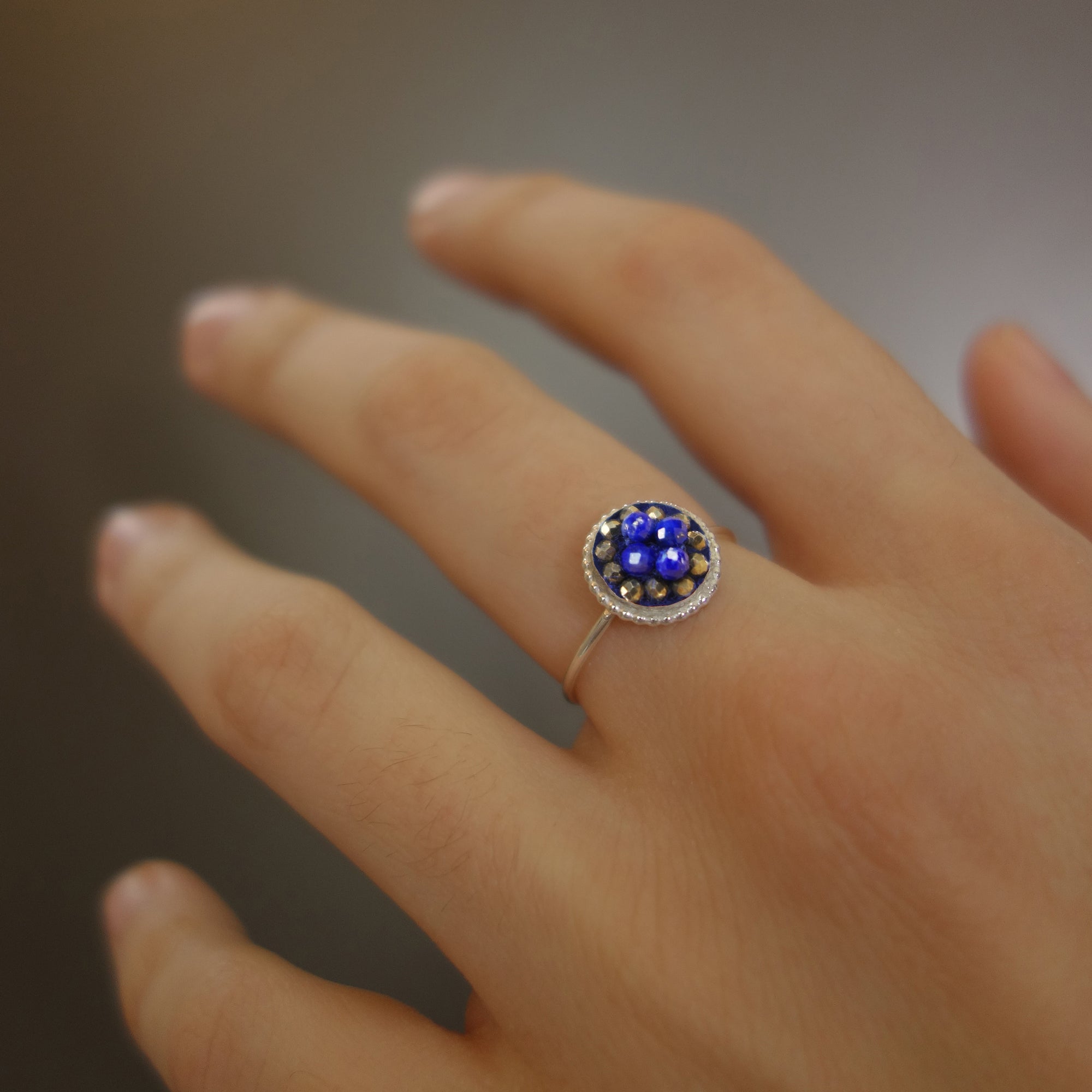 delicate mosaic ring: lapis and pyrite in silver