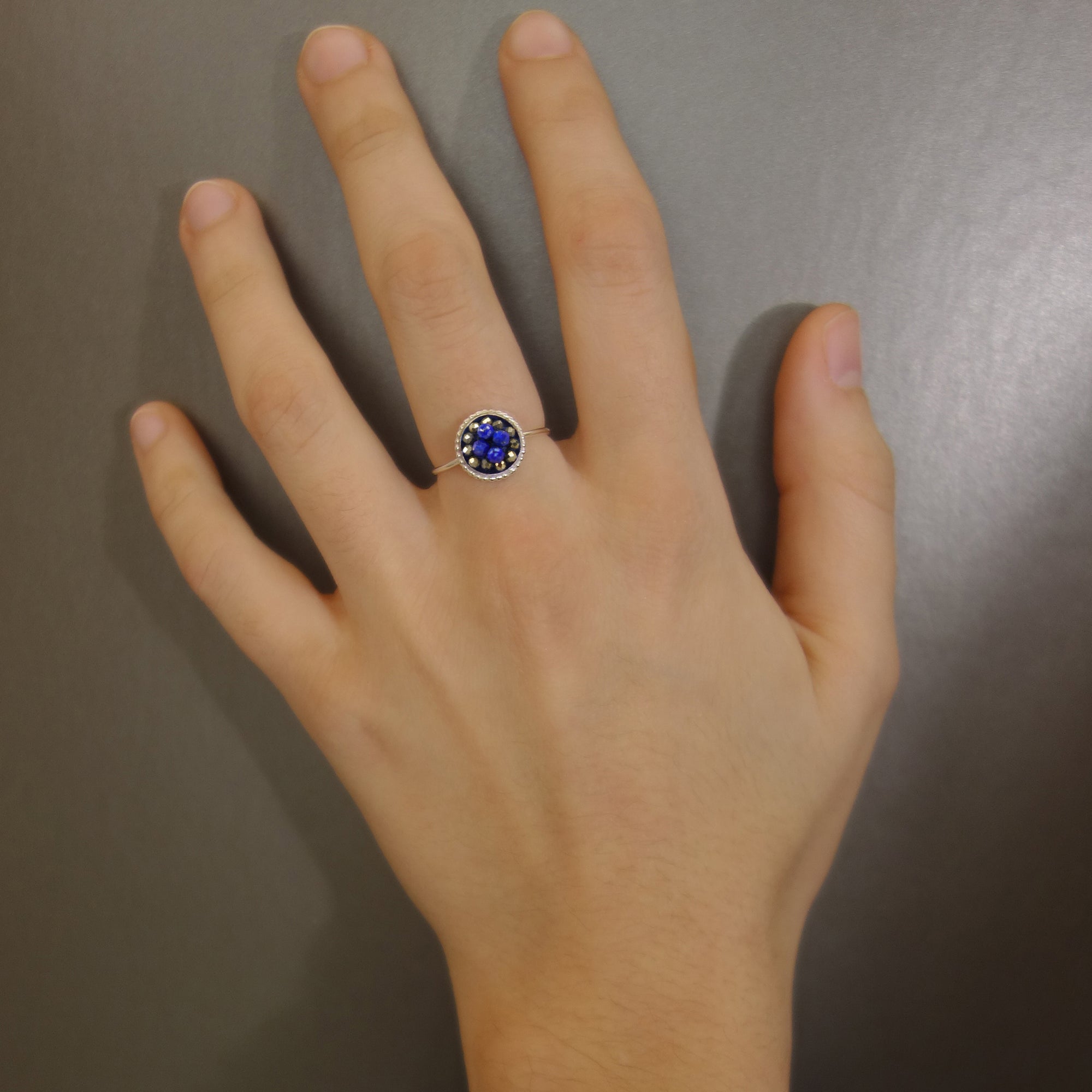 delicate mosaic ring: lapis and pyrite in silver