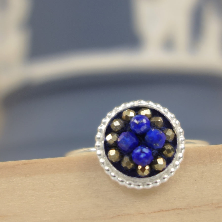 delicate mosaic ring: lapis and pyrite in silver