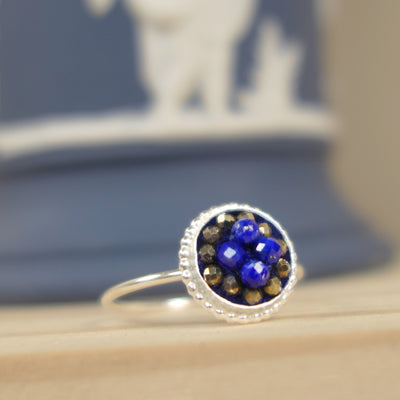 delicate mosaic ring: lapis and pyrite in silver