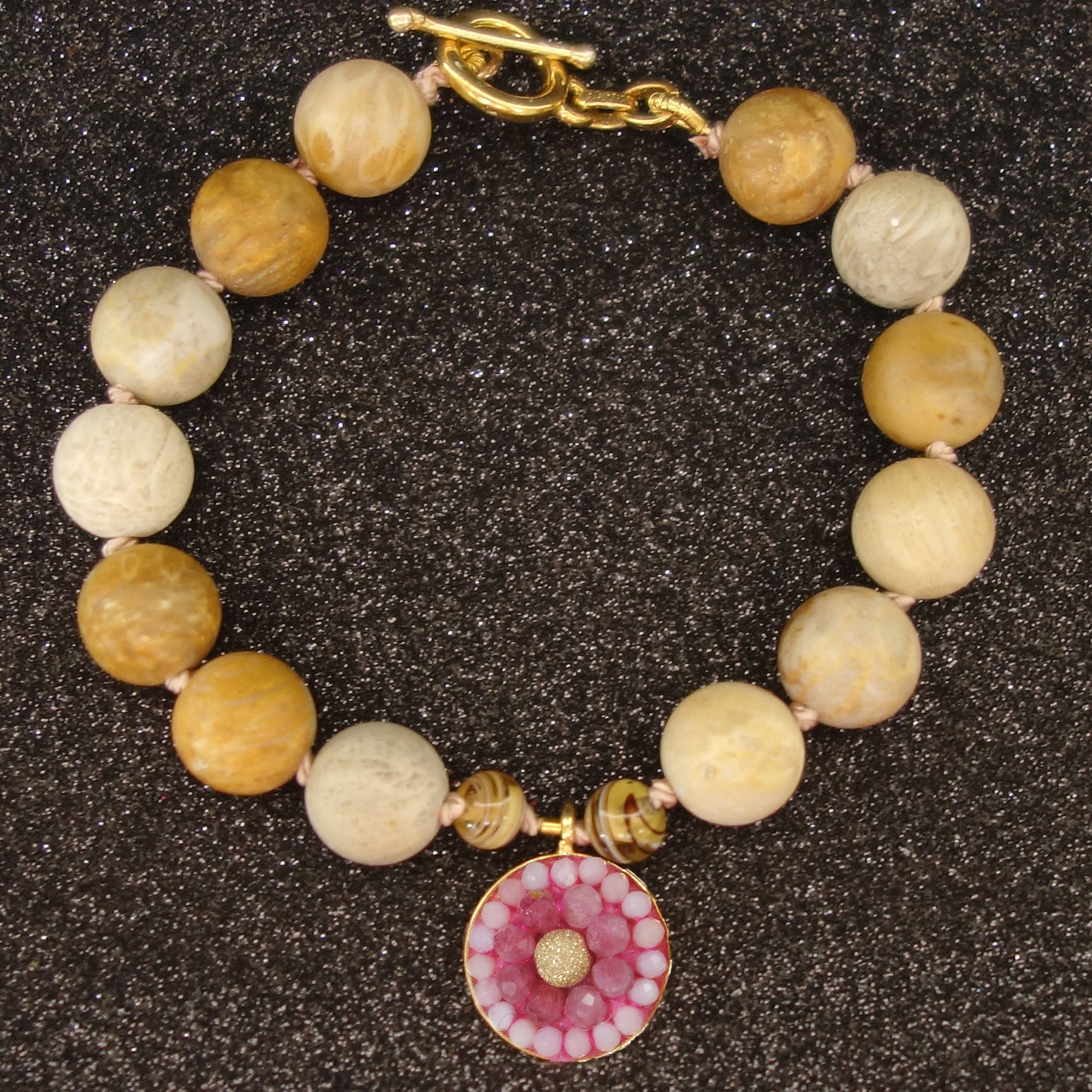 Fossil Coral and Pink Sapphire mosaic bracelet