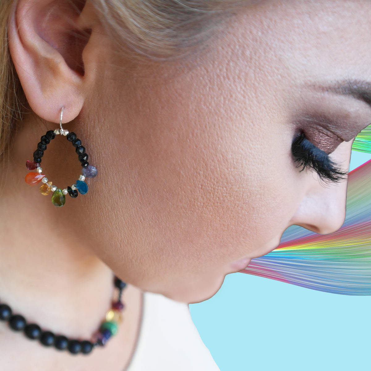 Ruby, emerald, sapphire + rainbow hoop earring