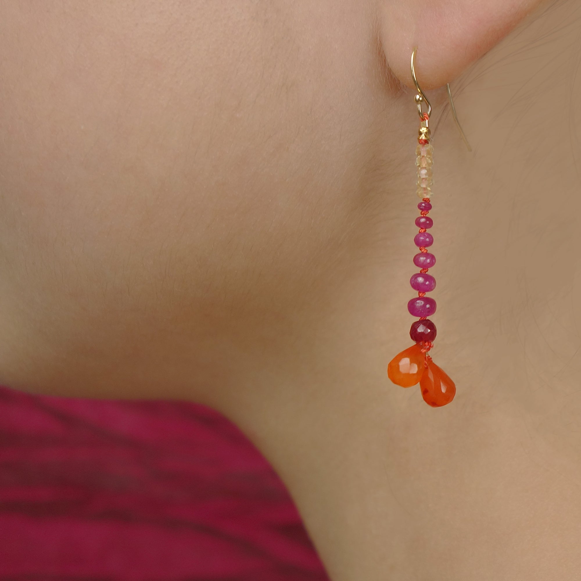 Sunset on the Beach: carnelian, ruby, and yellow sapphire earring