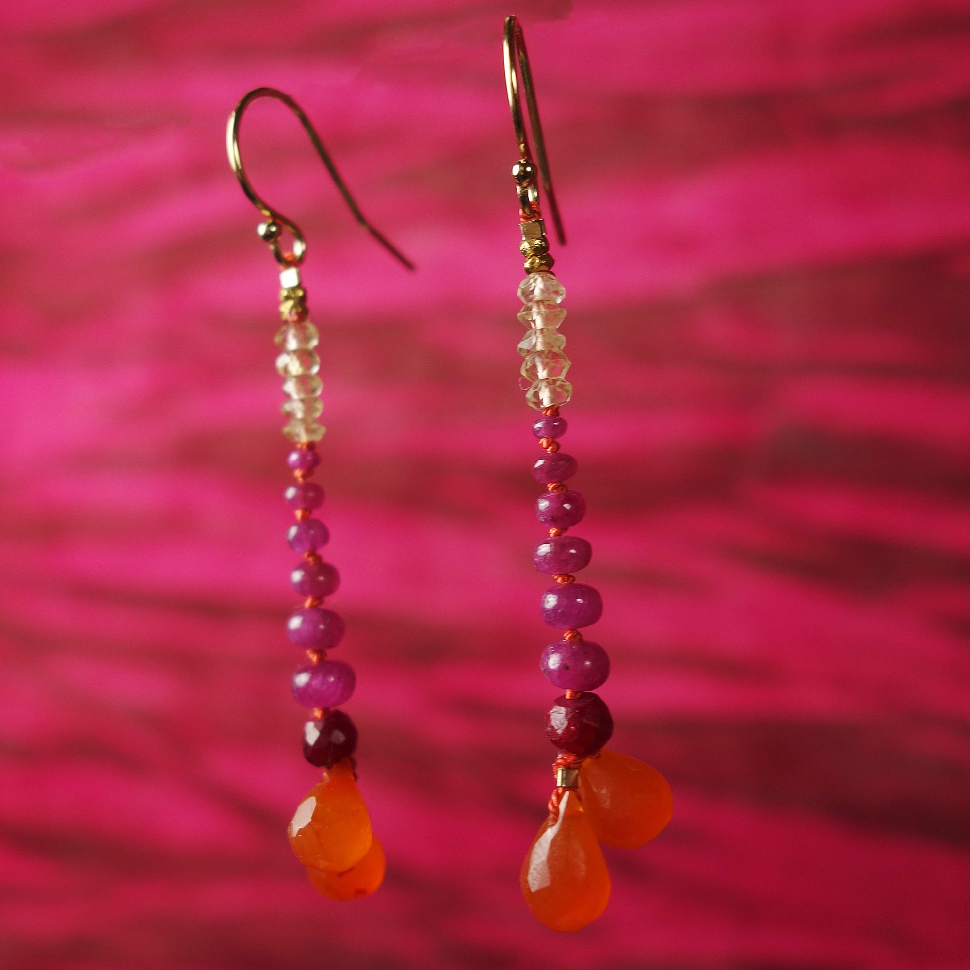 Sunset on the Beach: carnelian, ruby, and yellow sapphire earring