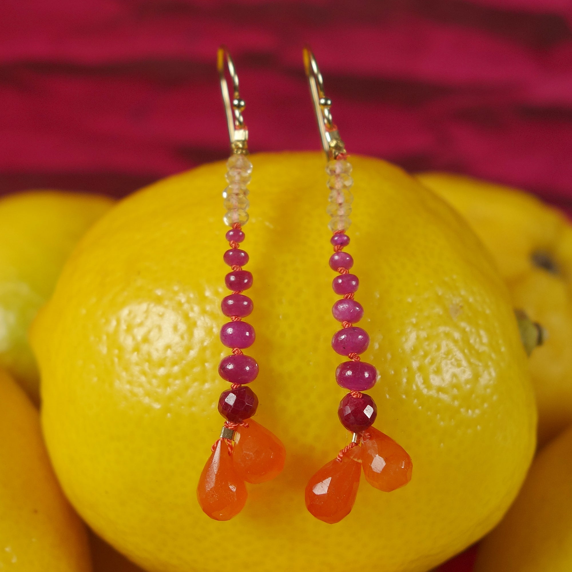 Sunset on the Beach: carnelian, ruby, and yellow sapphire earring