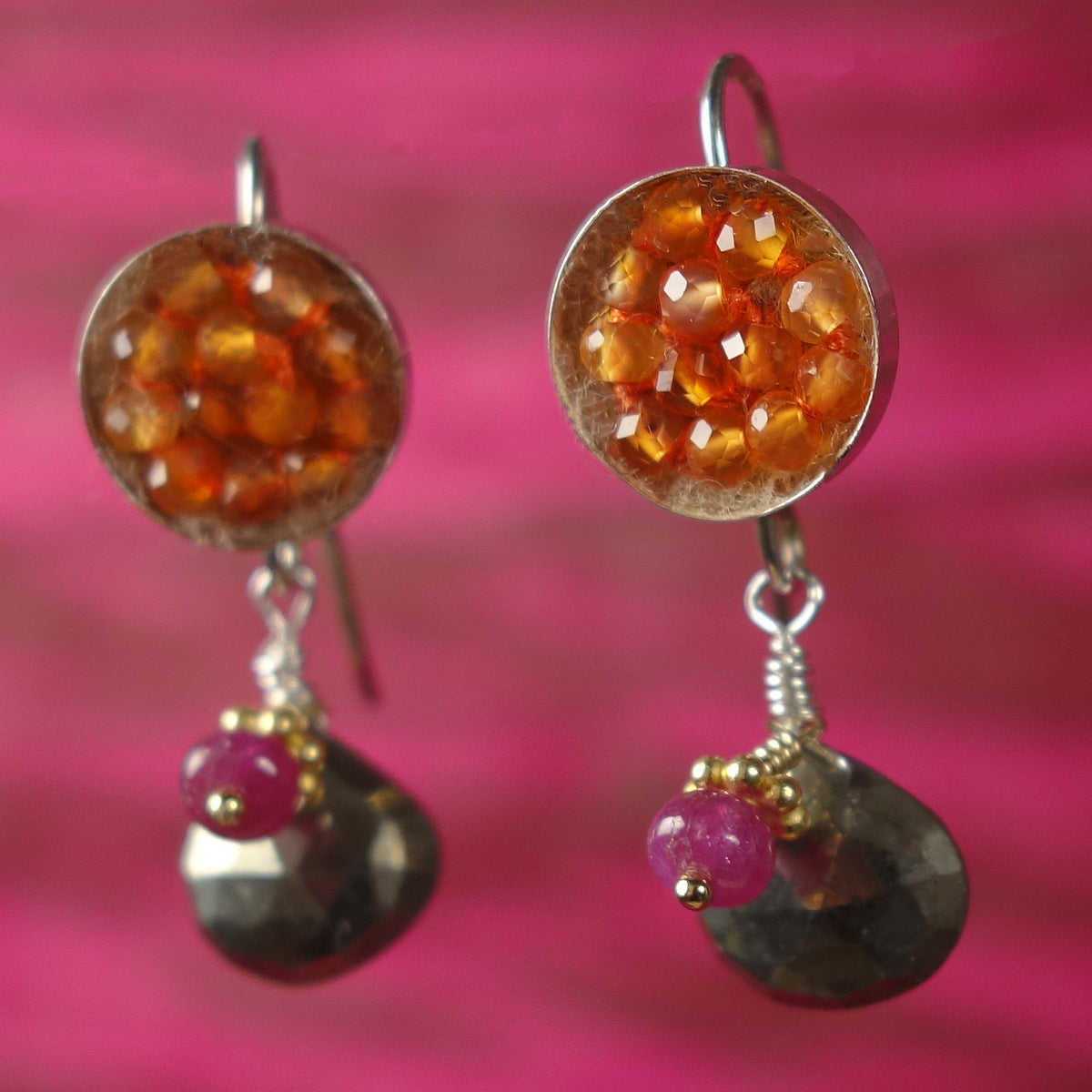 Sunshine on a Rainy Day: carnelian, ruby, pyrite earrings