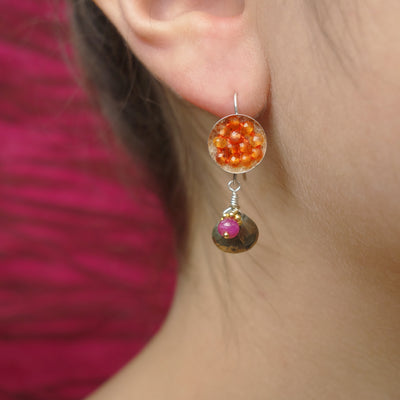 Sunshine on a Rainy Day: carnelian, ruby, pyrite earrings