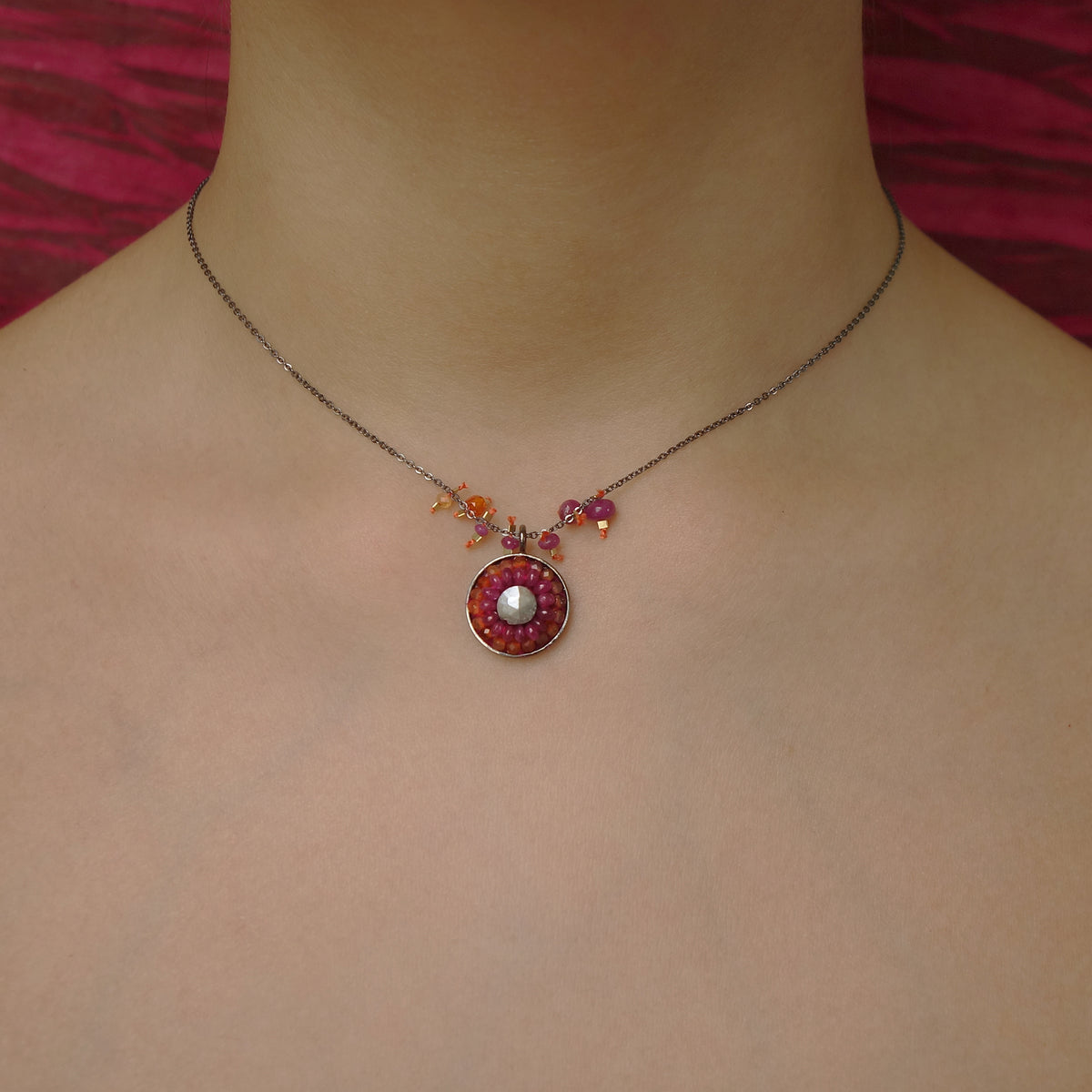 Sunrise, Sunset silverite, ruby, and carnelian necklace