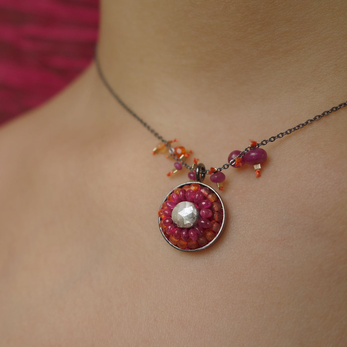 Sunrise, Sunset silverite, ruby, and carnelian necklace