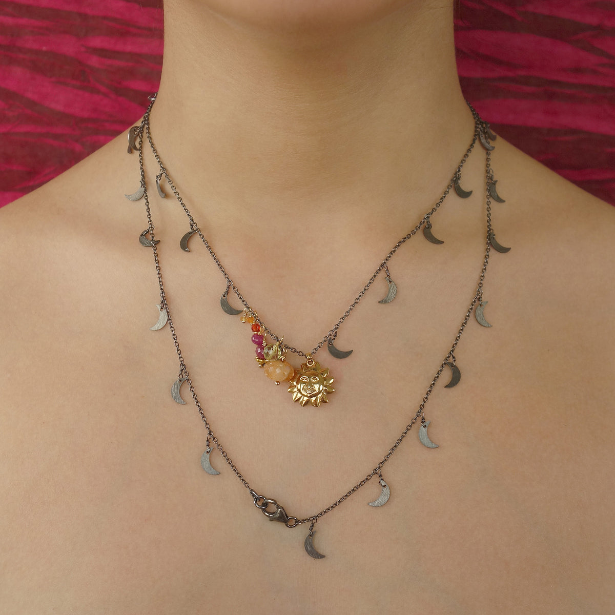 Here Comes the Sun gold, sunstone, ruby necklace