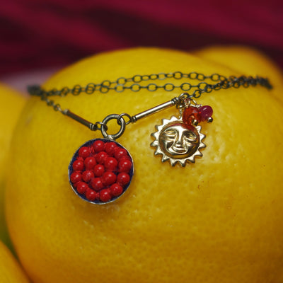 She's Walking on Sunshine: coral and gold mosaic necklace