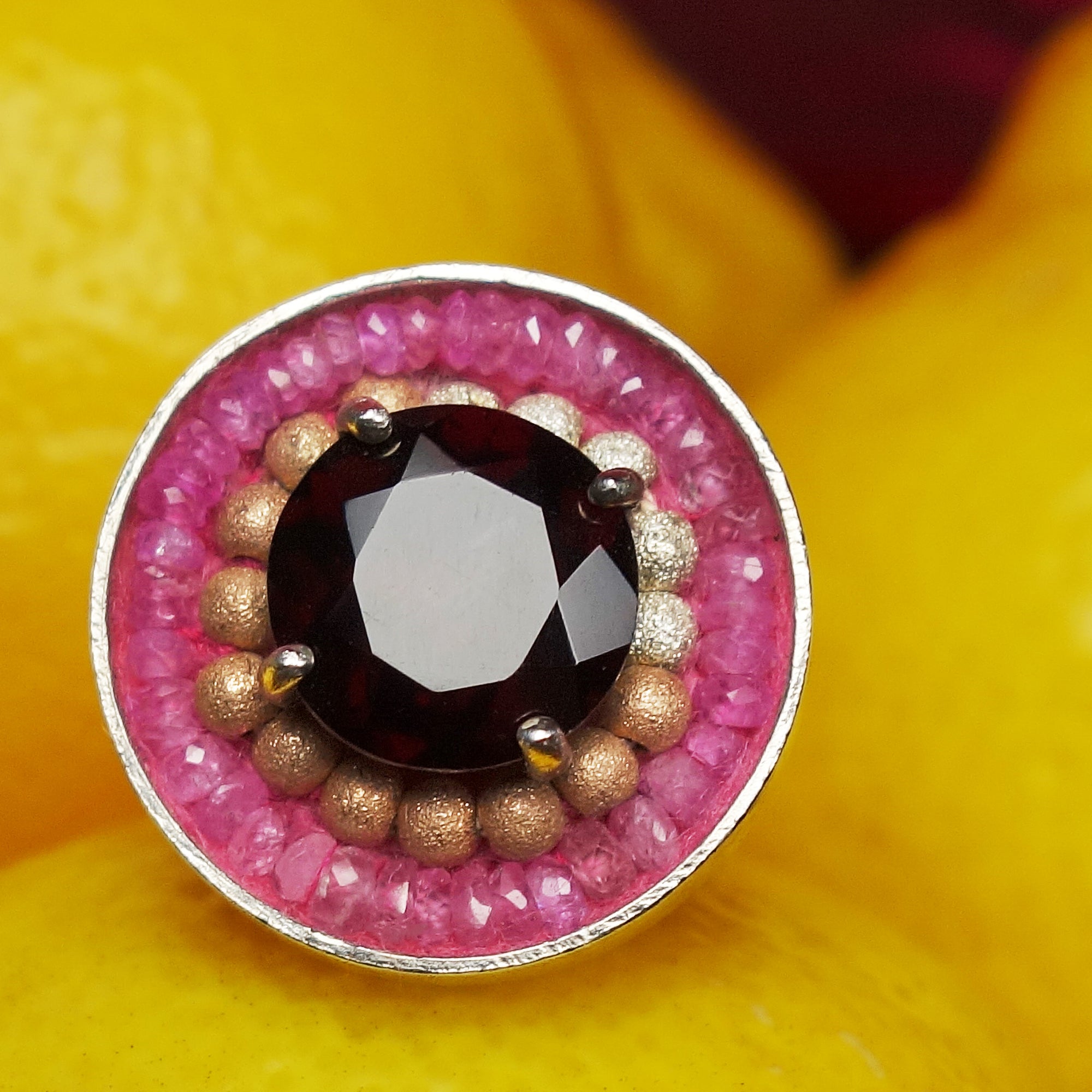 Crimson Nocturne (garnet, gold, and pink sapphire mosaic ring)
