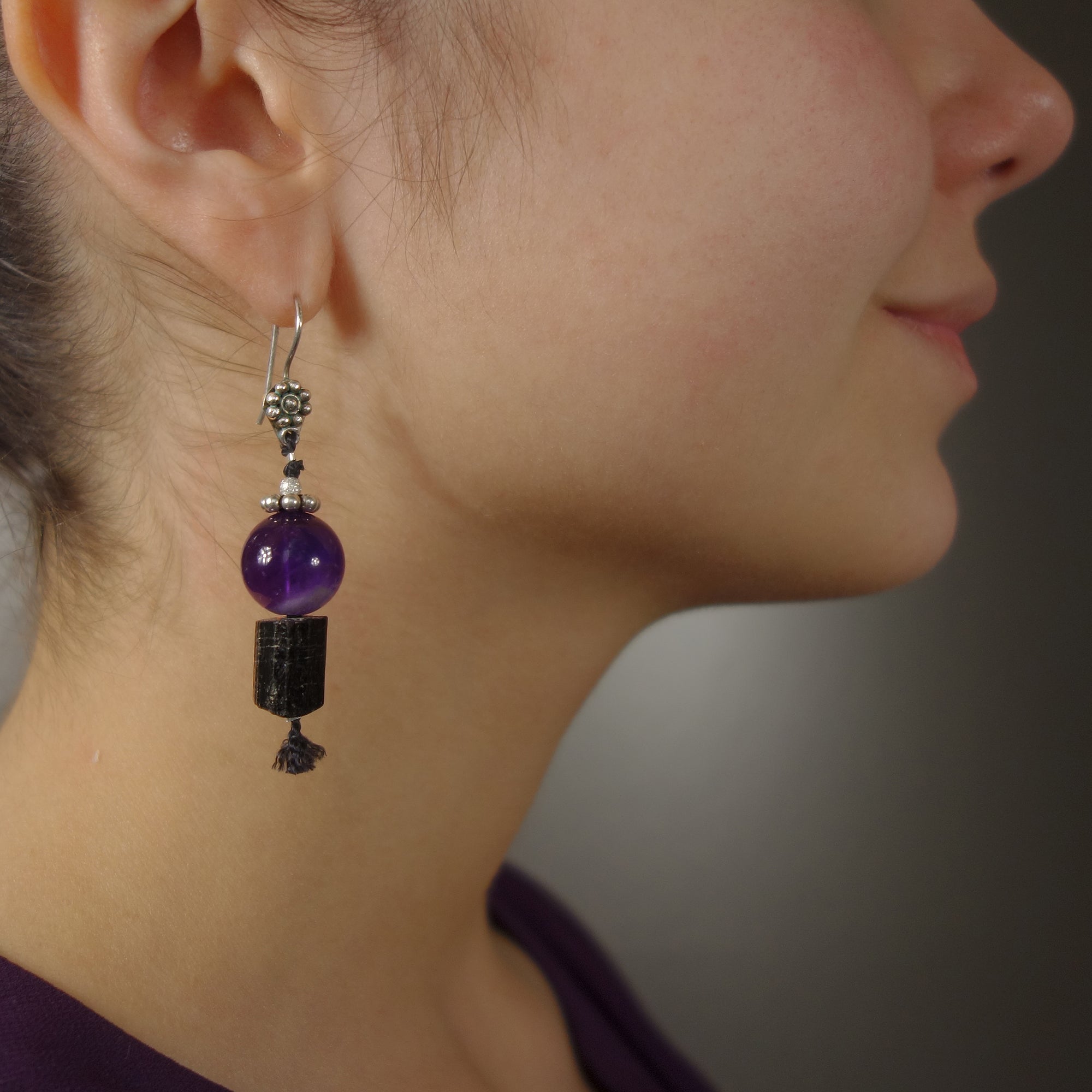 Amethyst and Raw Tourmaline ear