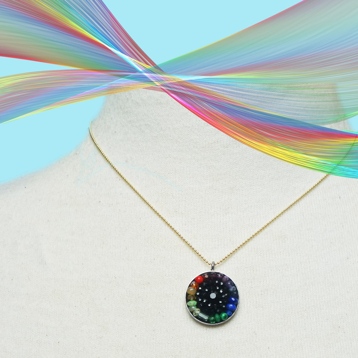 Sapphire, tourmaline, opal: mosaic rainbow pendant on gold