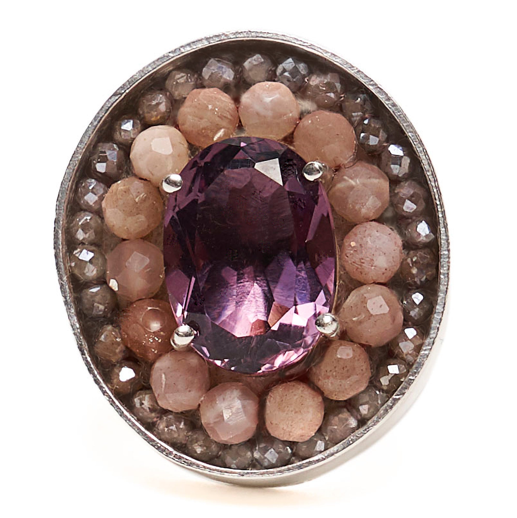 Amethyst, Coral, and Labradorite mosaic ring
