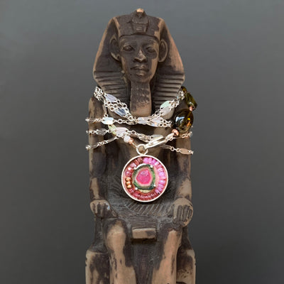 Tourmaline, peridot, and pink sapphire wrap necklace