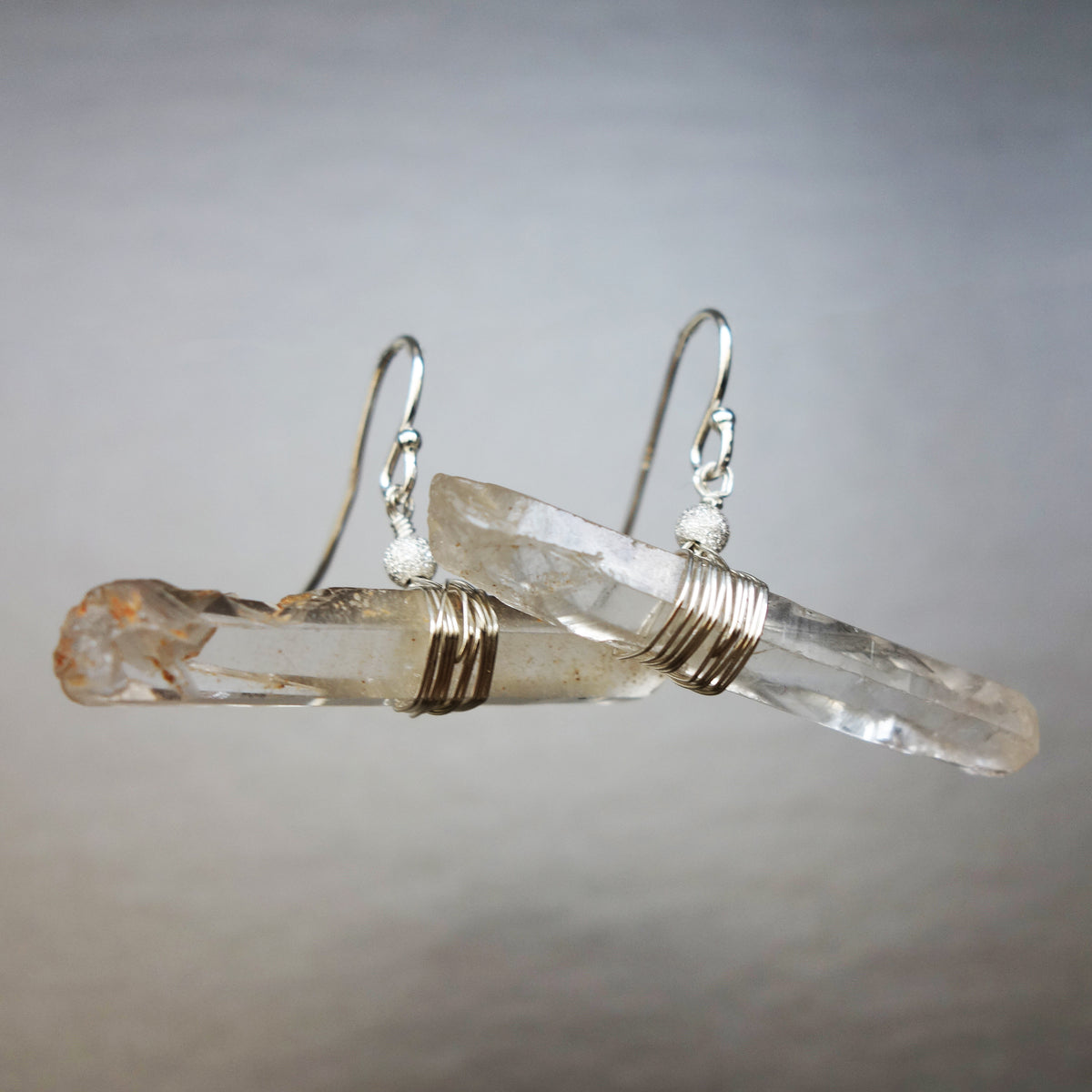 Natural Clear Quartz in wrapped Silver or Gold earring
