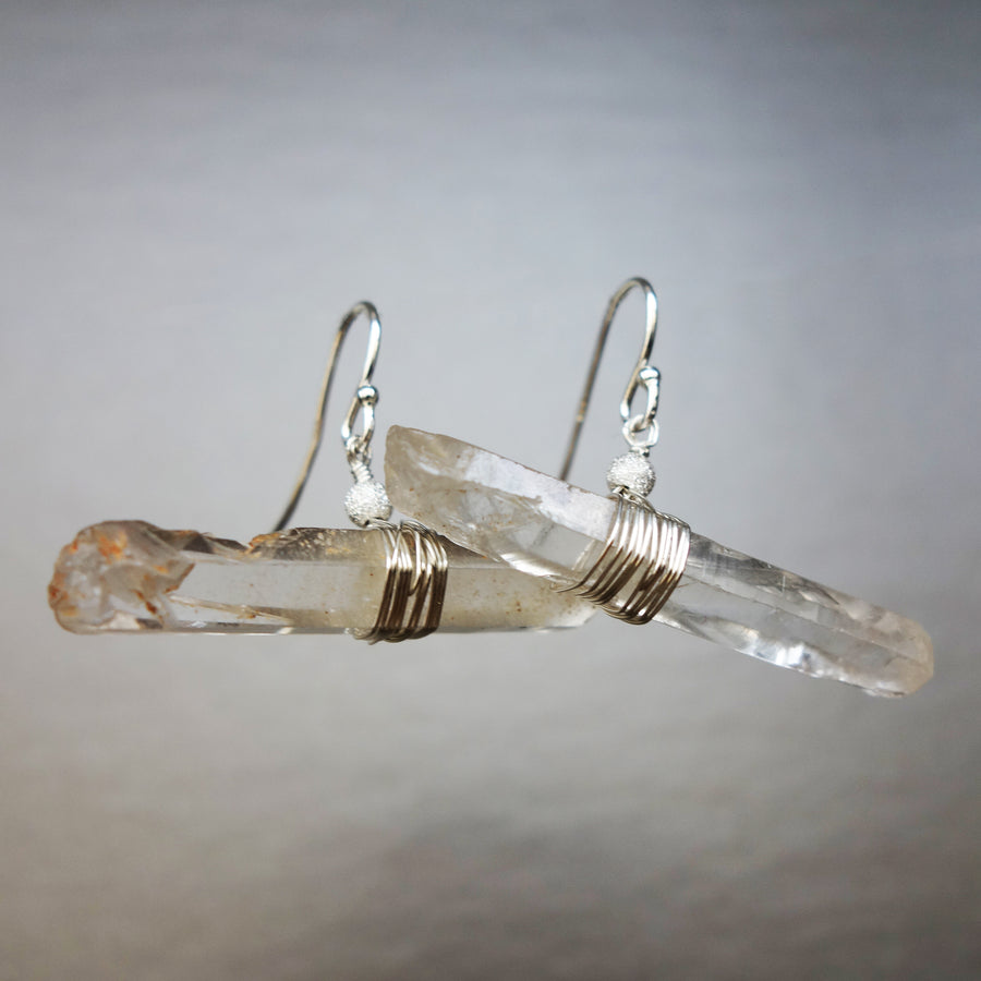 Natural Clear Quartz in wrapped Silver or Gold earring