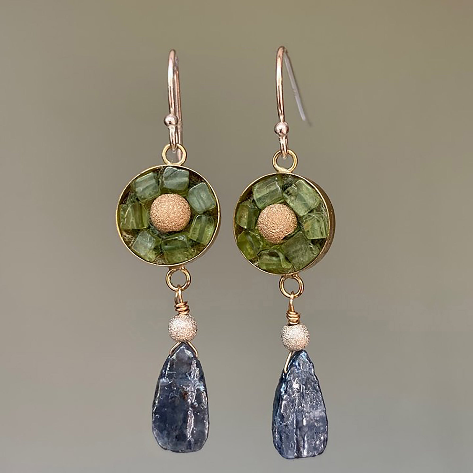 Gold, Peridot, and Kyanite mosaic earring