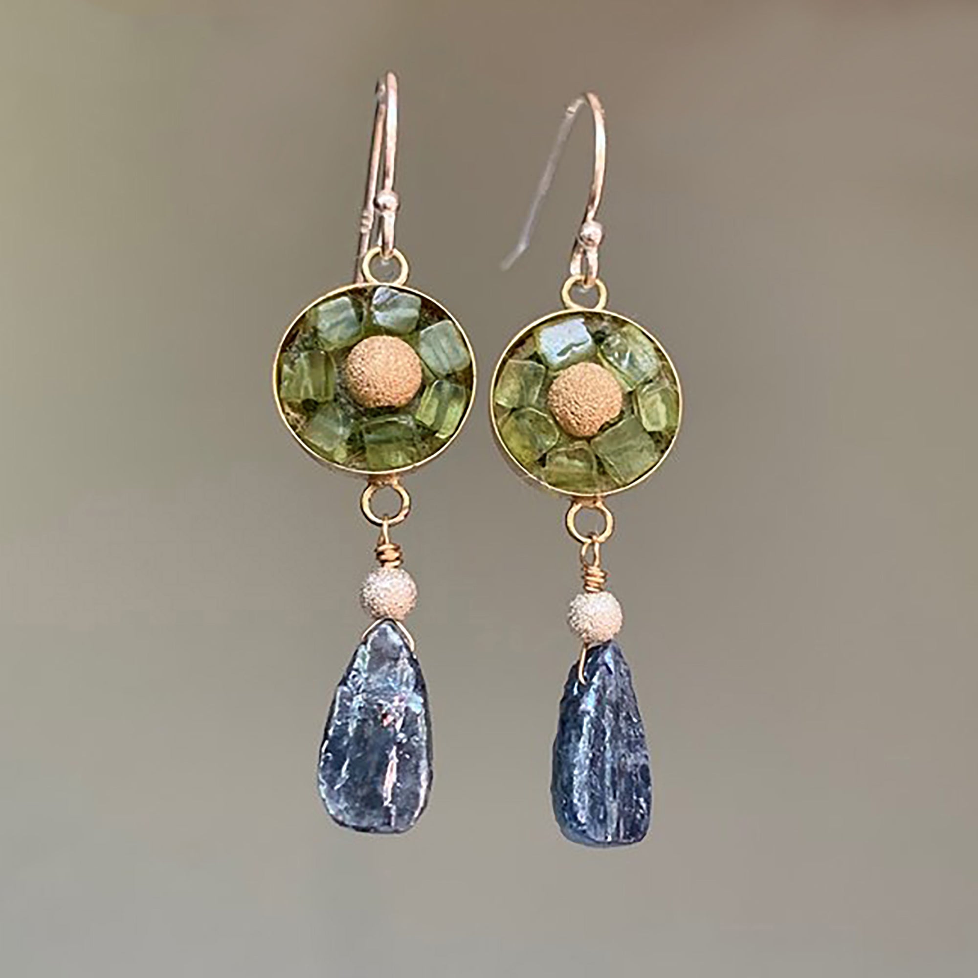 Gold, Peridot, and Kyanite mosaic earring